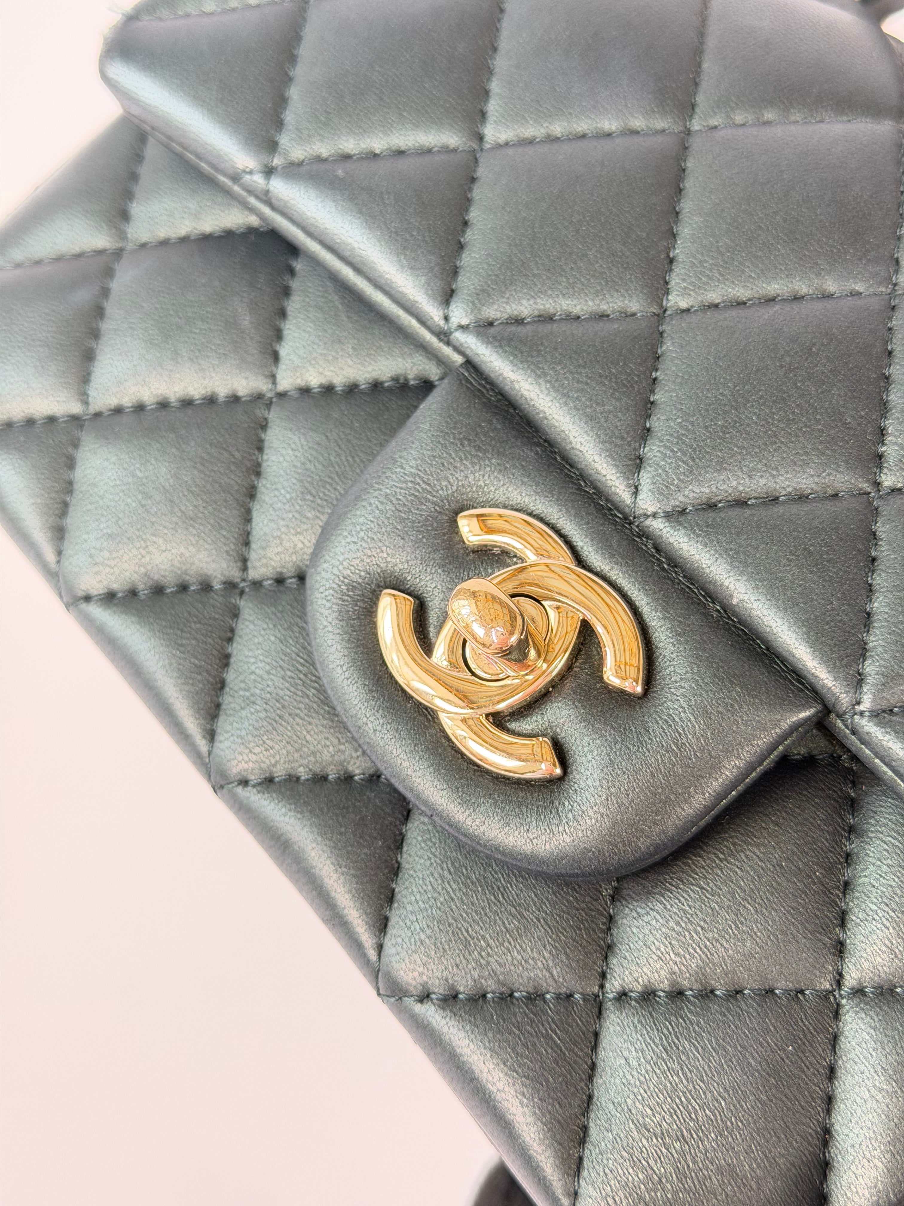 Chanel Mini Rectangle Top Handle In Metallic Green Lambskin Leather Gold Hardware. 100% authentic and preloved in excellent condition.