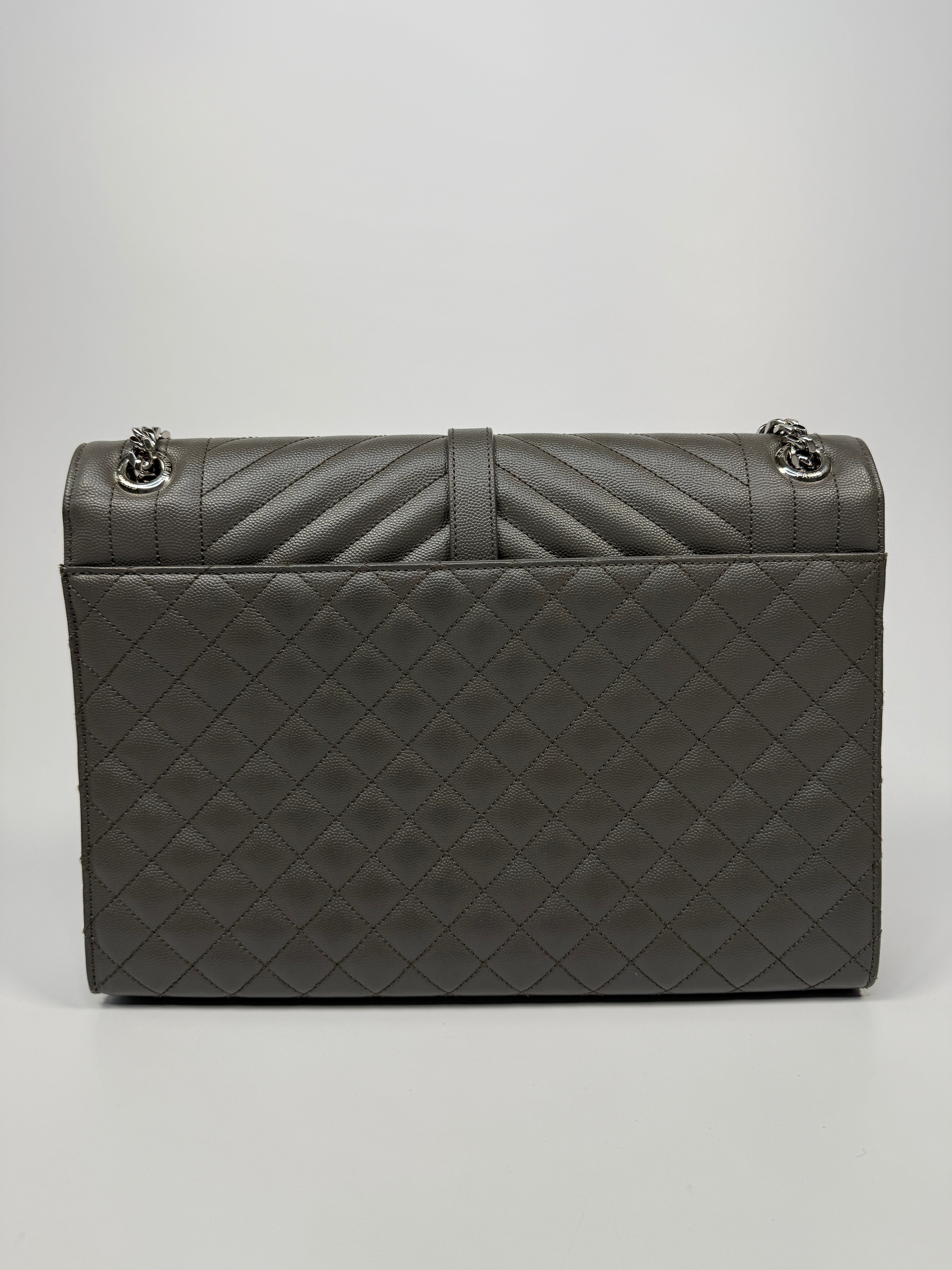 Saint Laurent Large Envelope Shoulder Bag In Grey Grained Leather With Silver Hardware. Excellent condition. Authentic and preloved. 