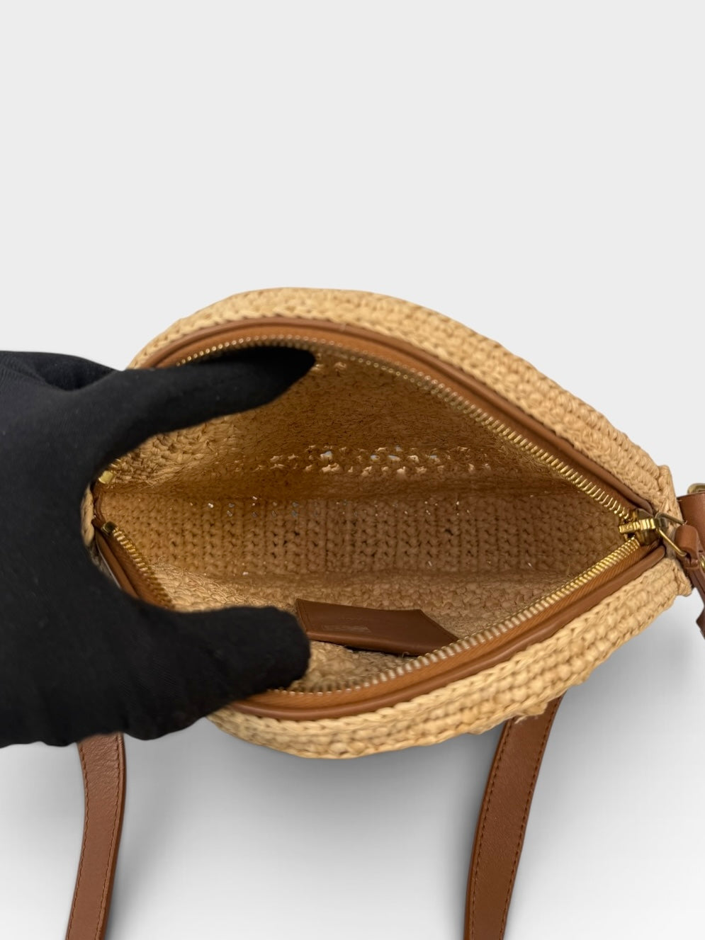 Saint Laurent Round Raffia Crossbody Bag With Gold Hardware. 100% authentic and preloved in excellent condition