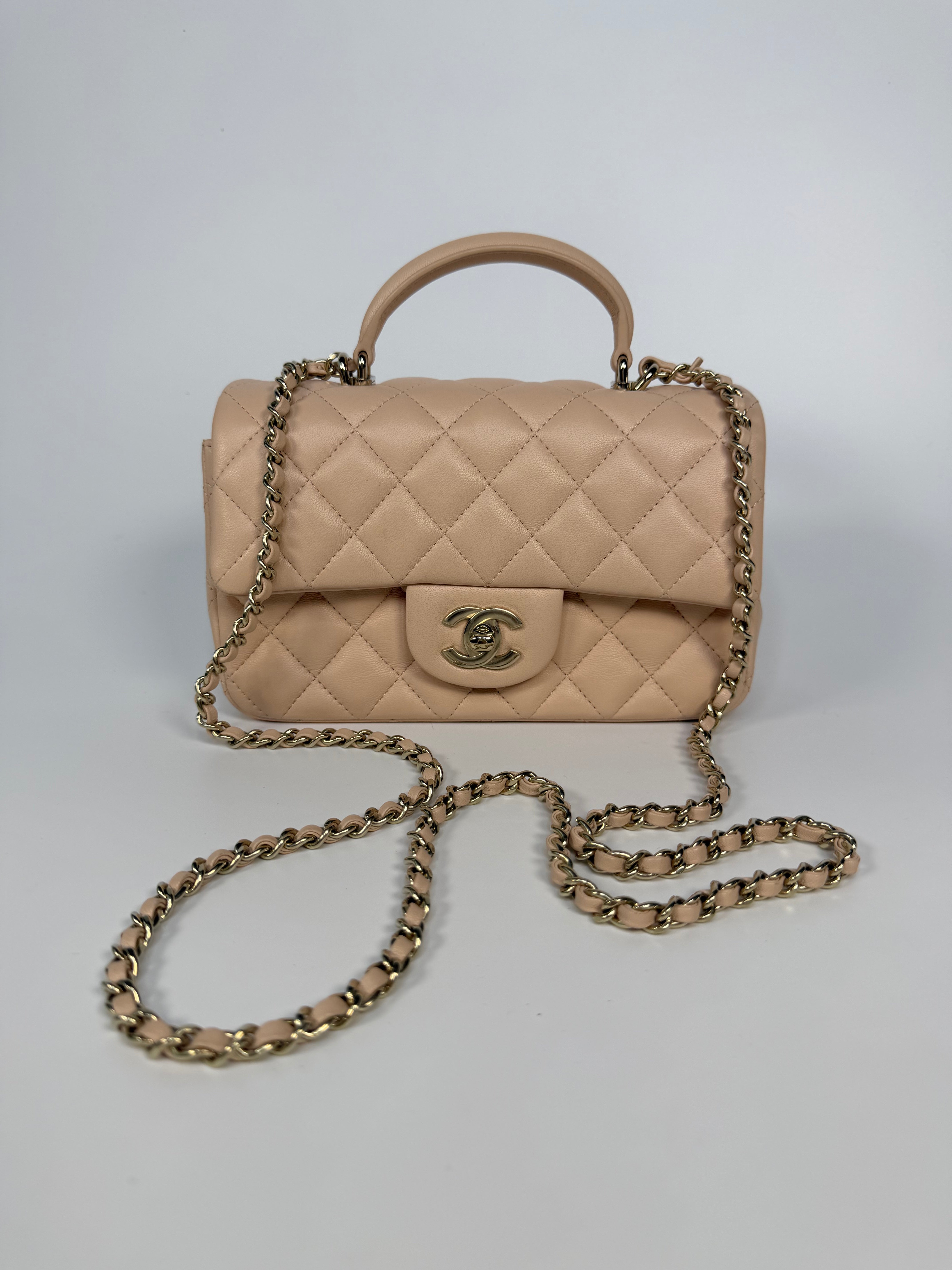 Chanel Mini Rectangle Top Handle In Light Beige Lambskin Leather With Gold Hardware