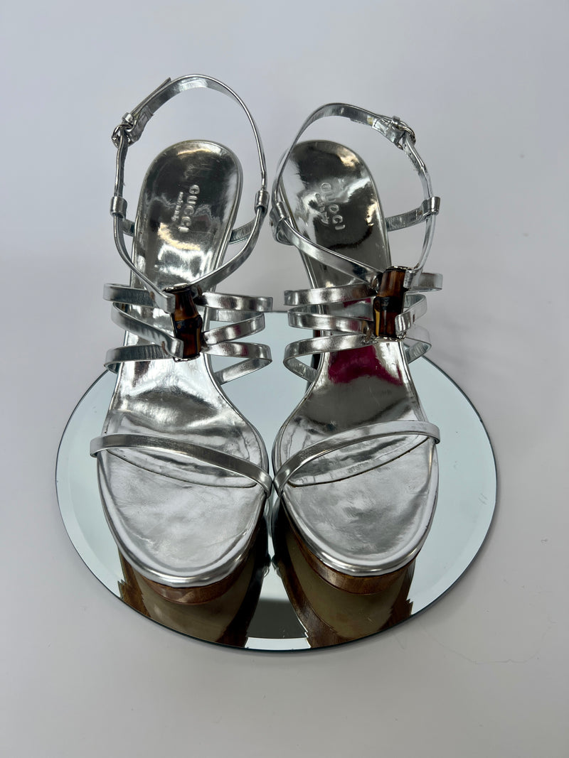 Gucci Silver Bamboo Icon Sandal Heels  (Size 38.5/UK 5.5)
