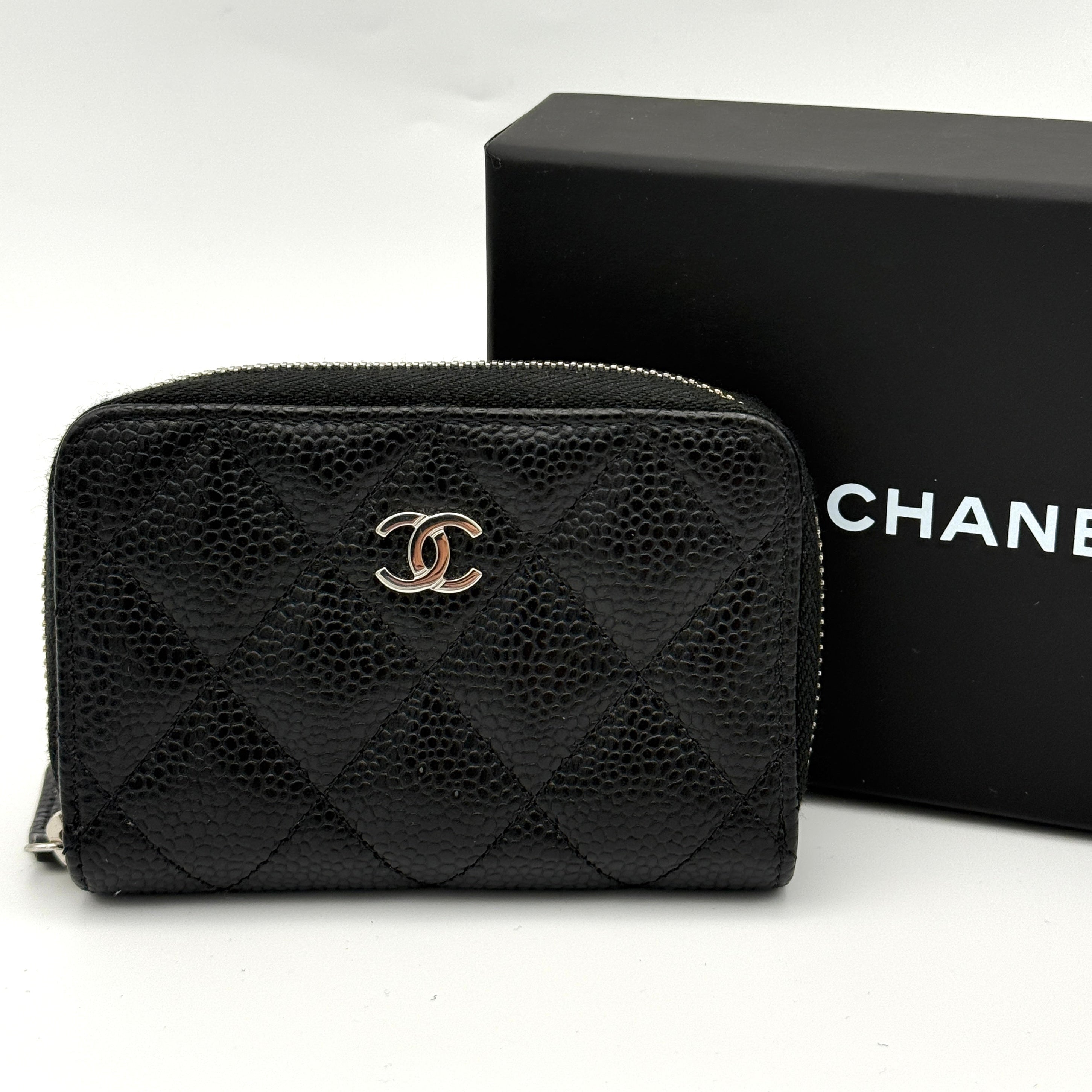 Chanel Zipped Coin Purse In Black Caviar With Silver hardware, authentic and preloved in excellent condition