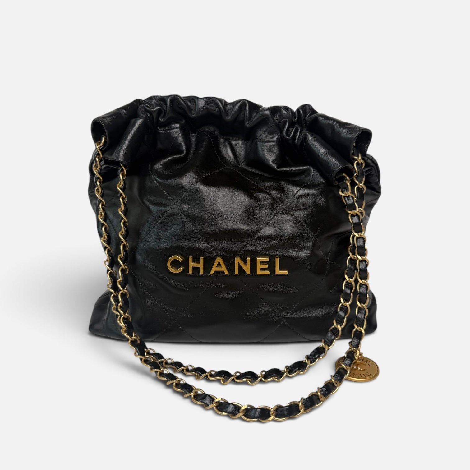 Chanel 22 Small In Black Calfskin Leather With Aged Gold Hardware in excellent condition 100% authentic and preloved