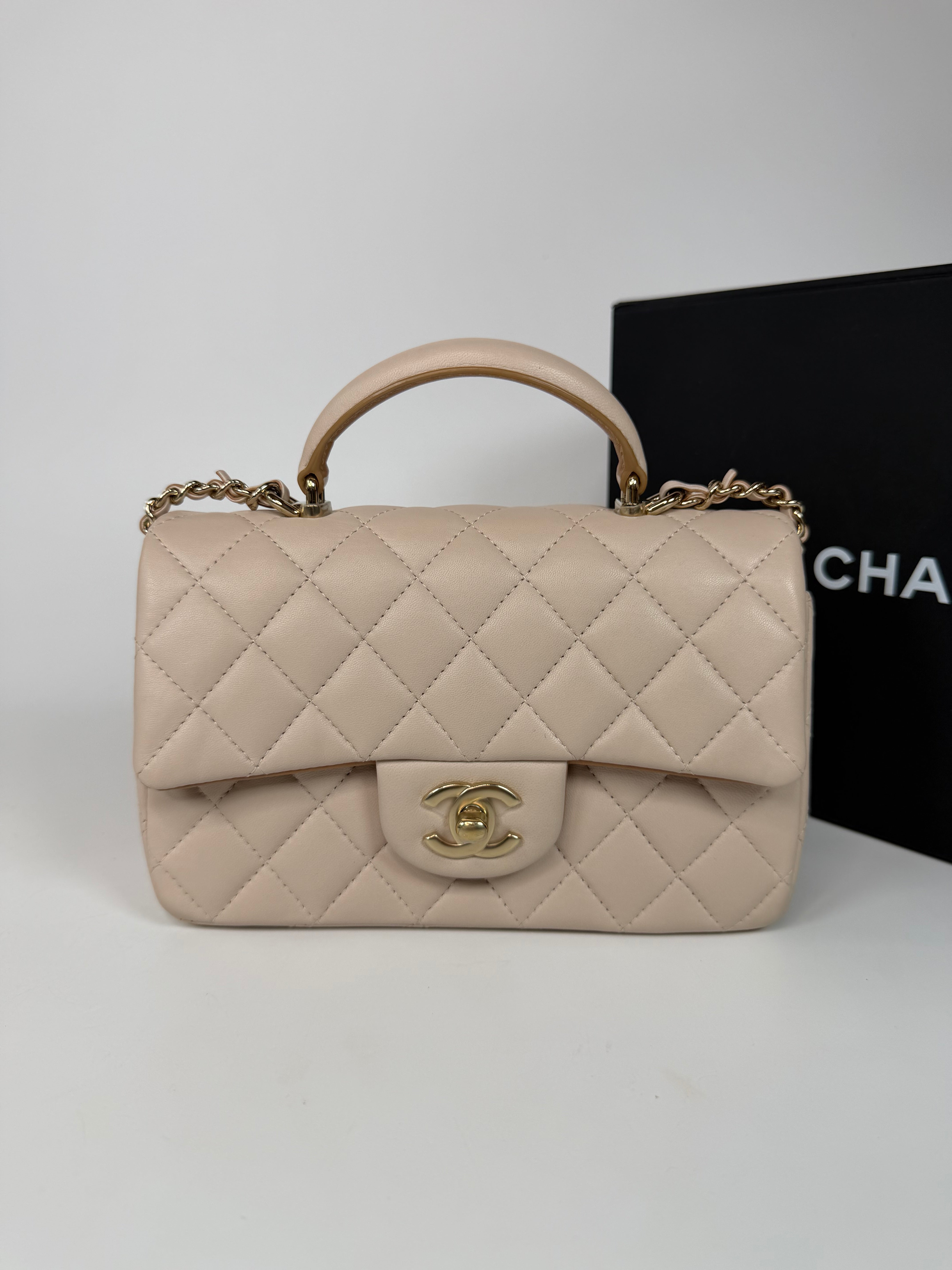 Chanel Mini Rectangle Top Handle Light Beige Lambskin Pale Gold Hardware in excellent condition 100% authentic and preloved