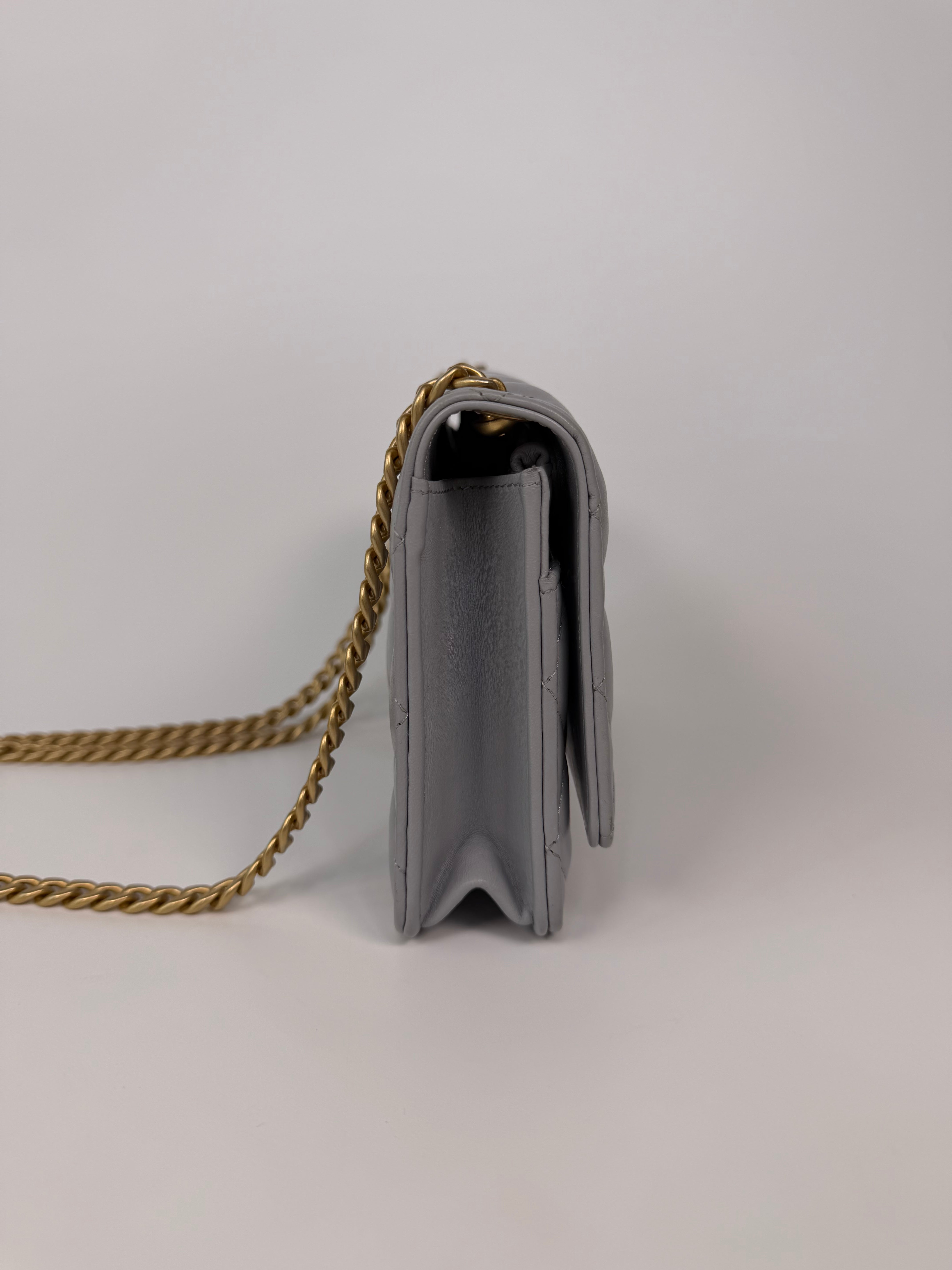 Chanel Pearl Crush Wallet On Chain In Grey Lambskin Leather With Gold Hardware