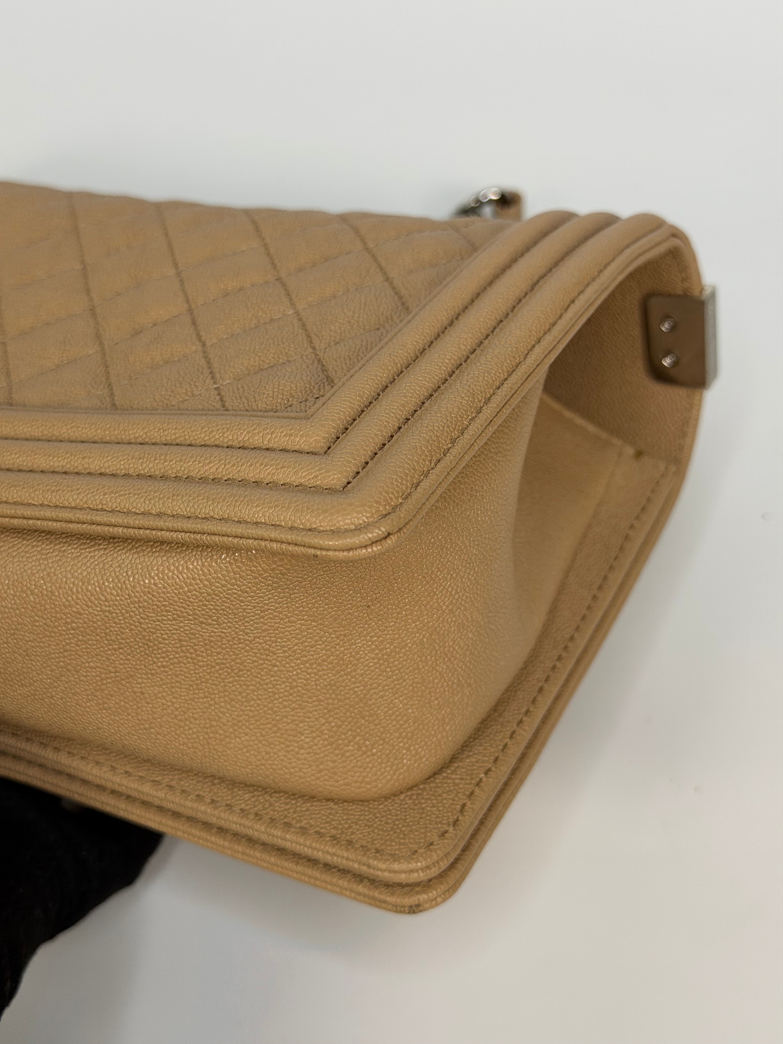 Chanel Medium Boy Bag Beige Caviar With Silver Hardware. Authentic and preloved in excellent condition