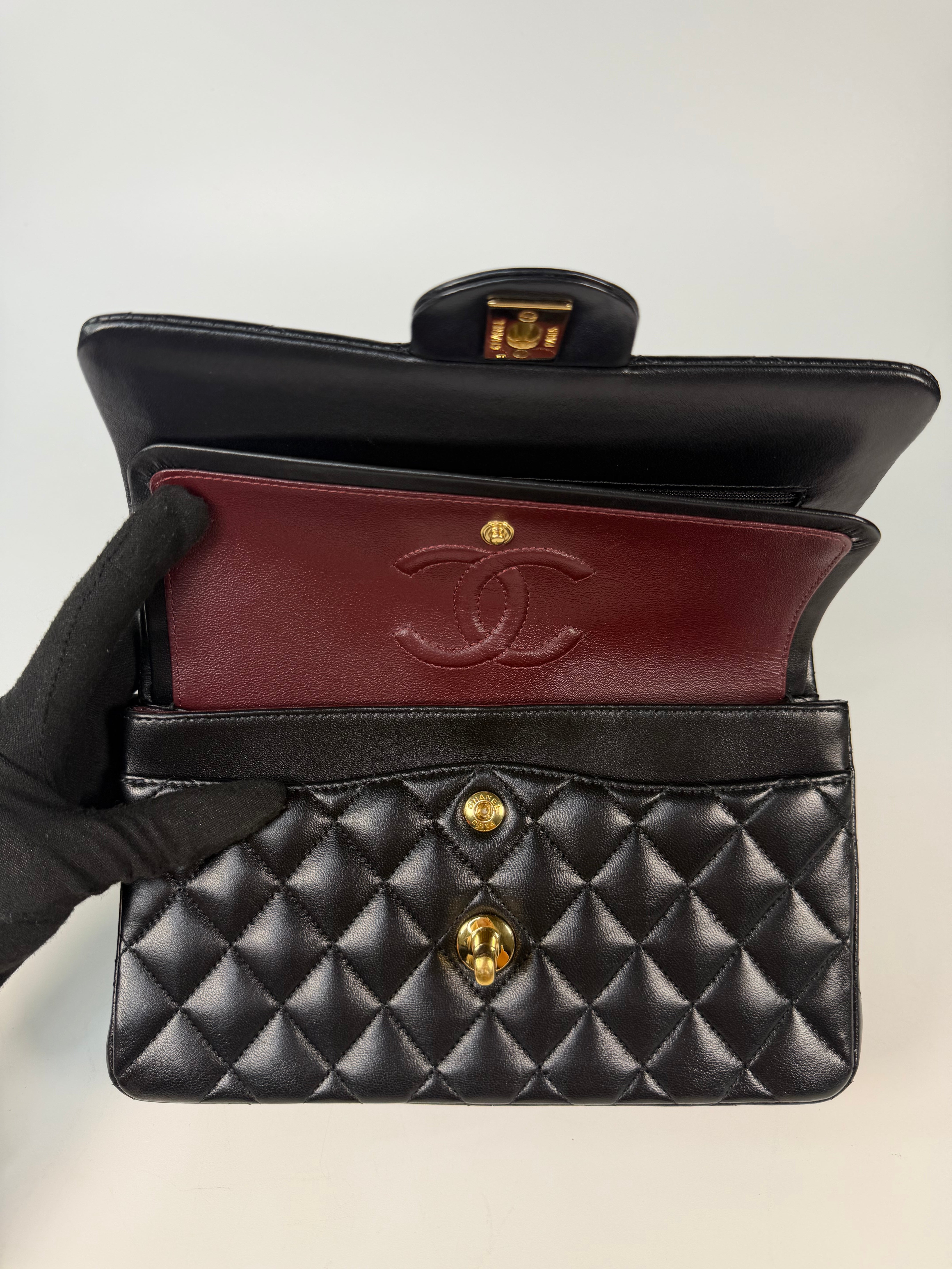 Chanel Small Classic Double Flap In Black Lambskin Leather With Gold Hardware in excellent condition 100% authentic and preloved