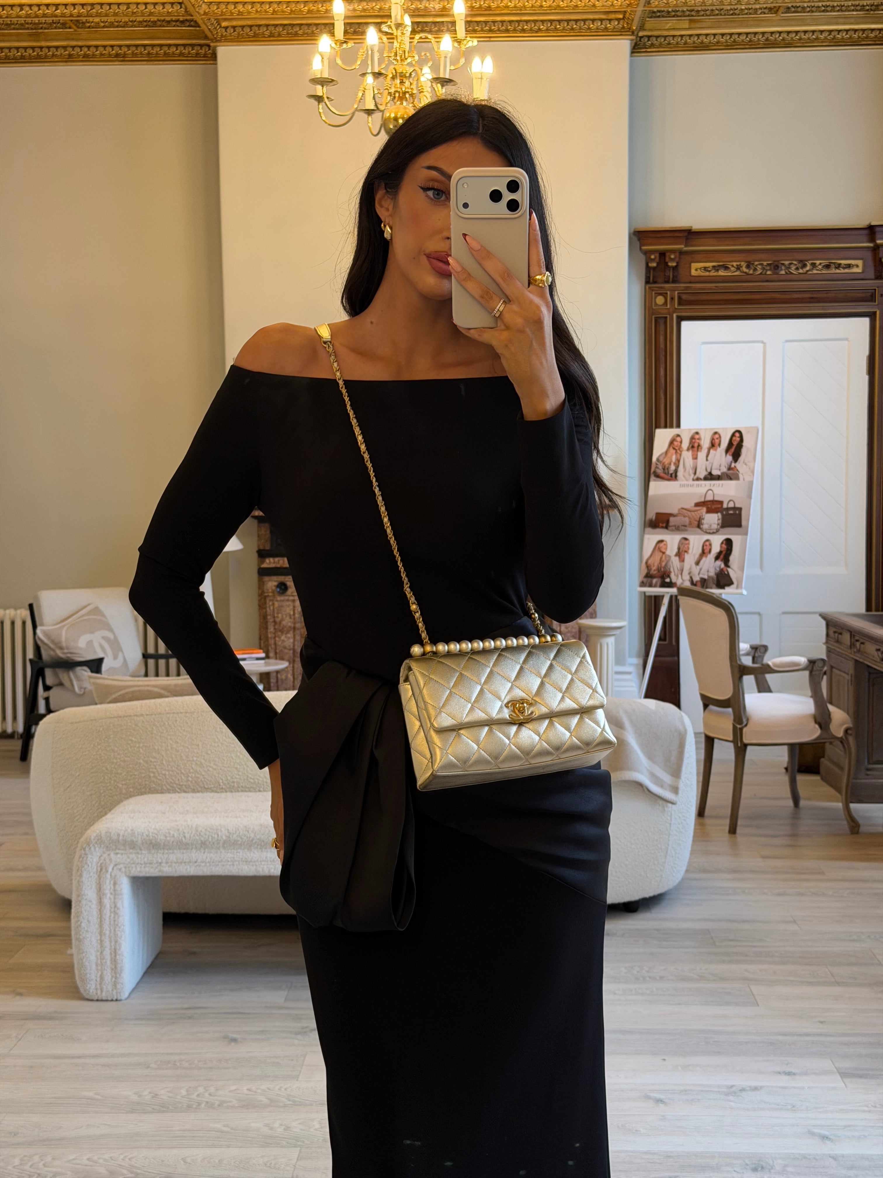 Chanel Mini Pearl Top Handle Flap Bag Metallic Gold Lambskin With GHW