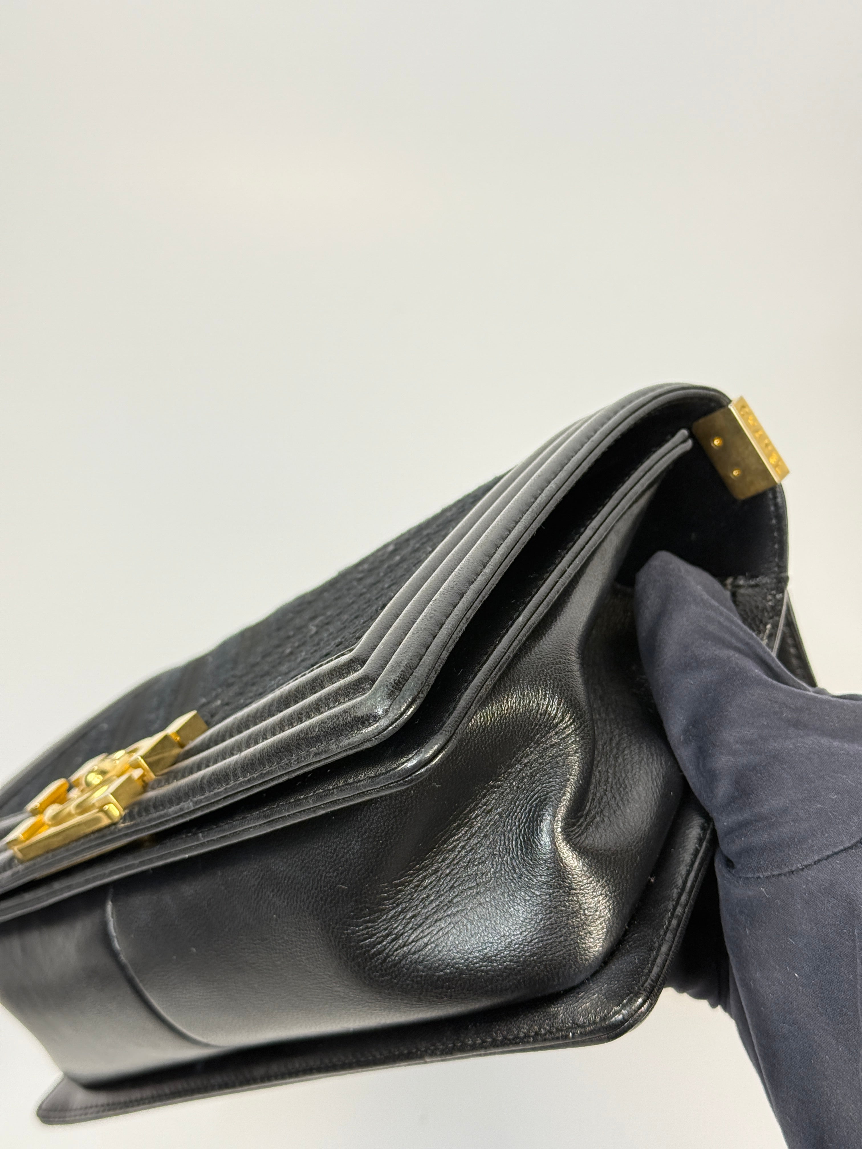 Chanel Black Chevron Fabric & Lambskin Leather Medium Boy Bag With Gold Hardware. Very Good Condition. Authentic and preloved. 