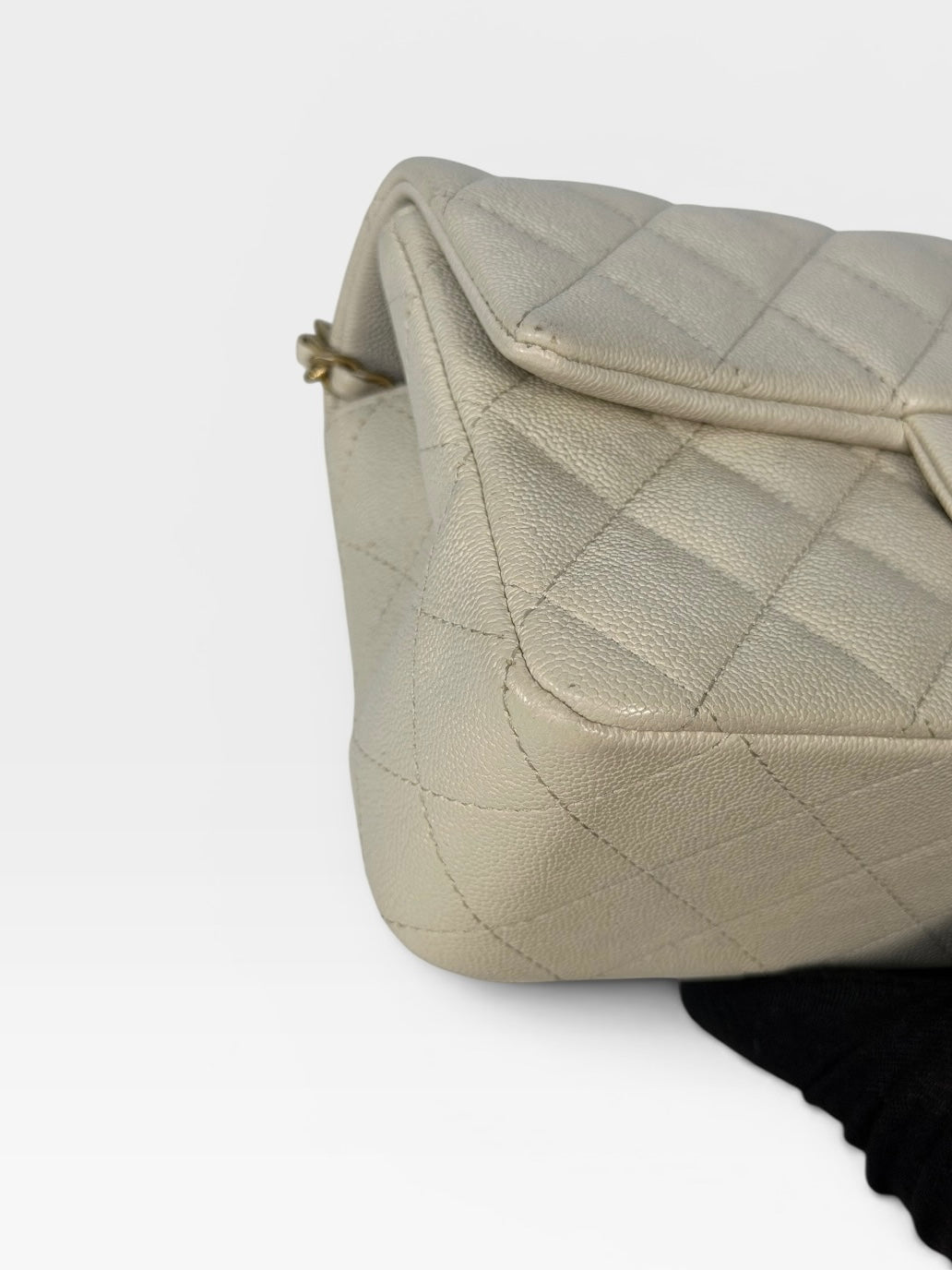 Chanel Mini Rectangle Top Handle In Cream Caviar Leather With Aged Gold Hardware. 100% authentic and preloved in excellent condition.