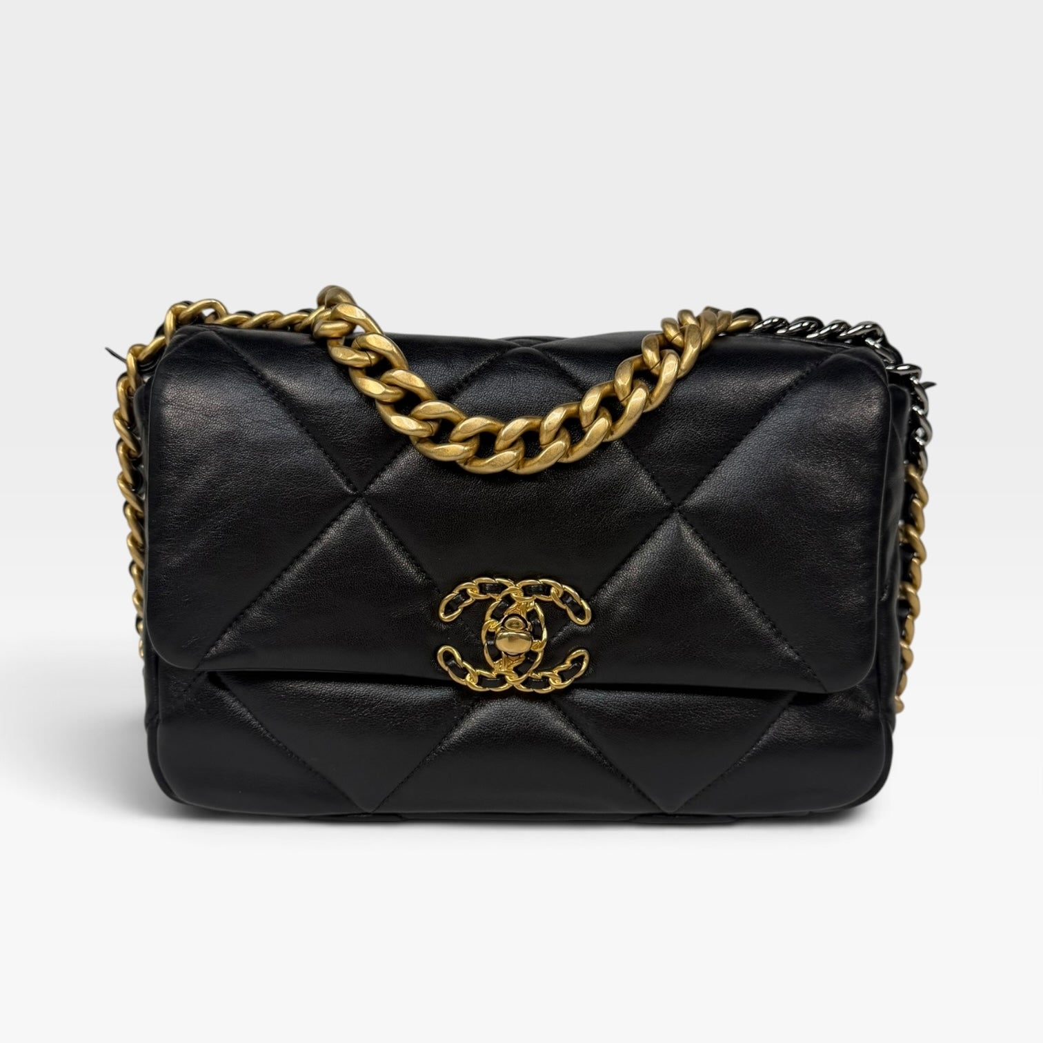 Chanel 19 Small In Black & White Leather With Mixed Hardware. Authentic and preloved in very good condition. Verified by Luxe Cheshire.