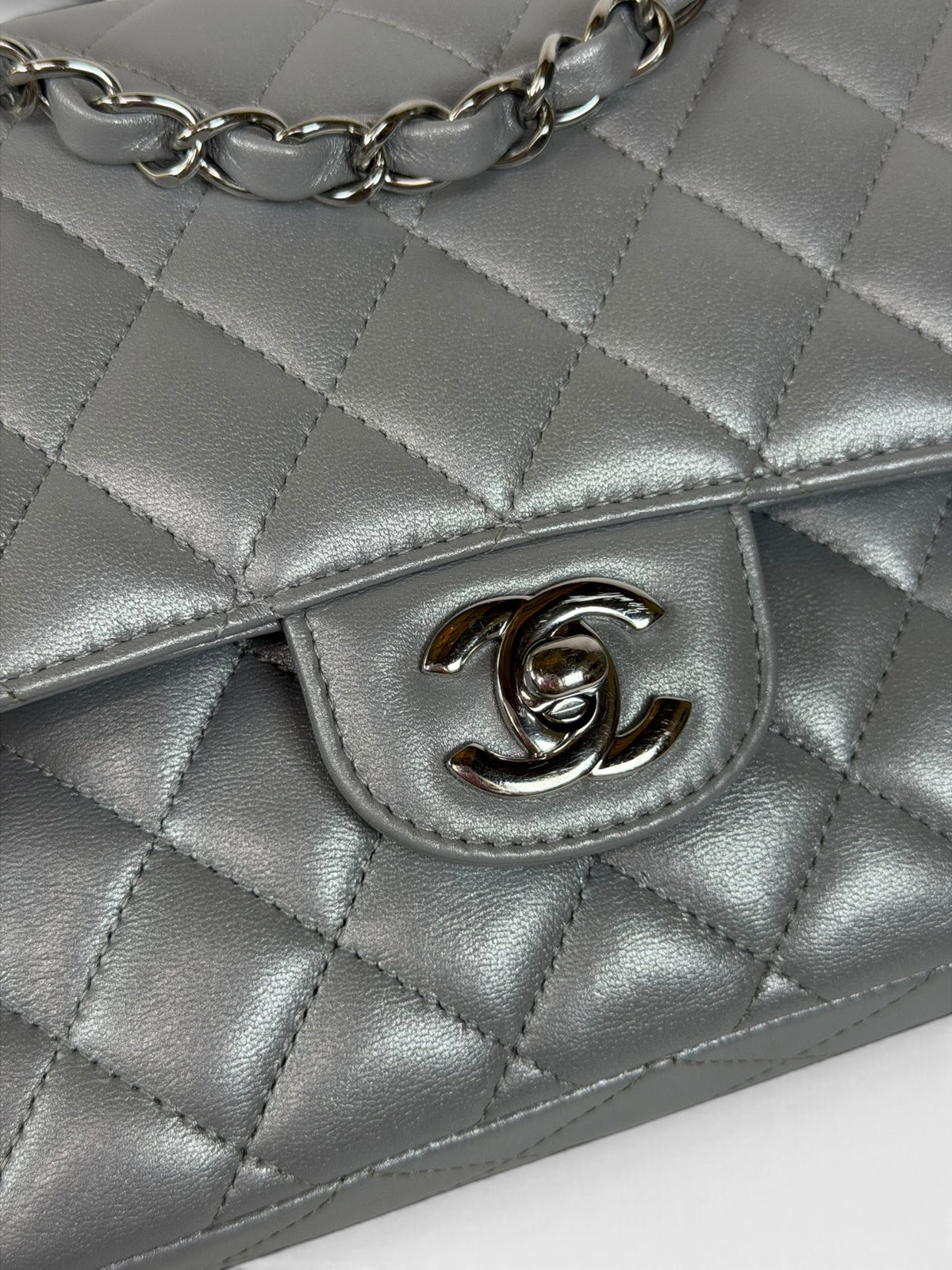 Chanel Medium Classic Double Flap In Silver Lambskin Leather Silver Hardware