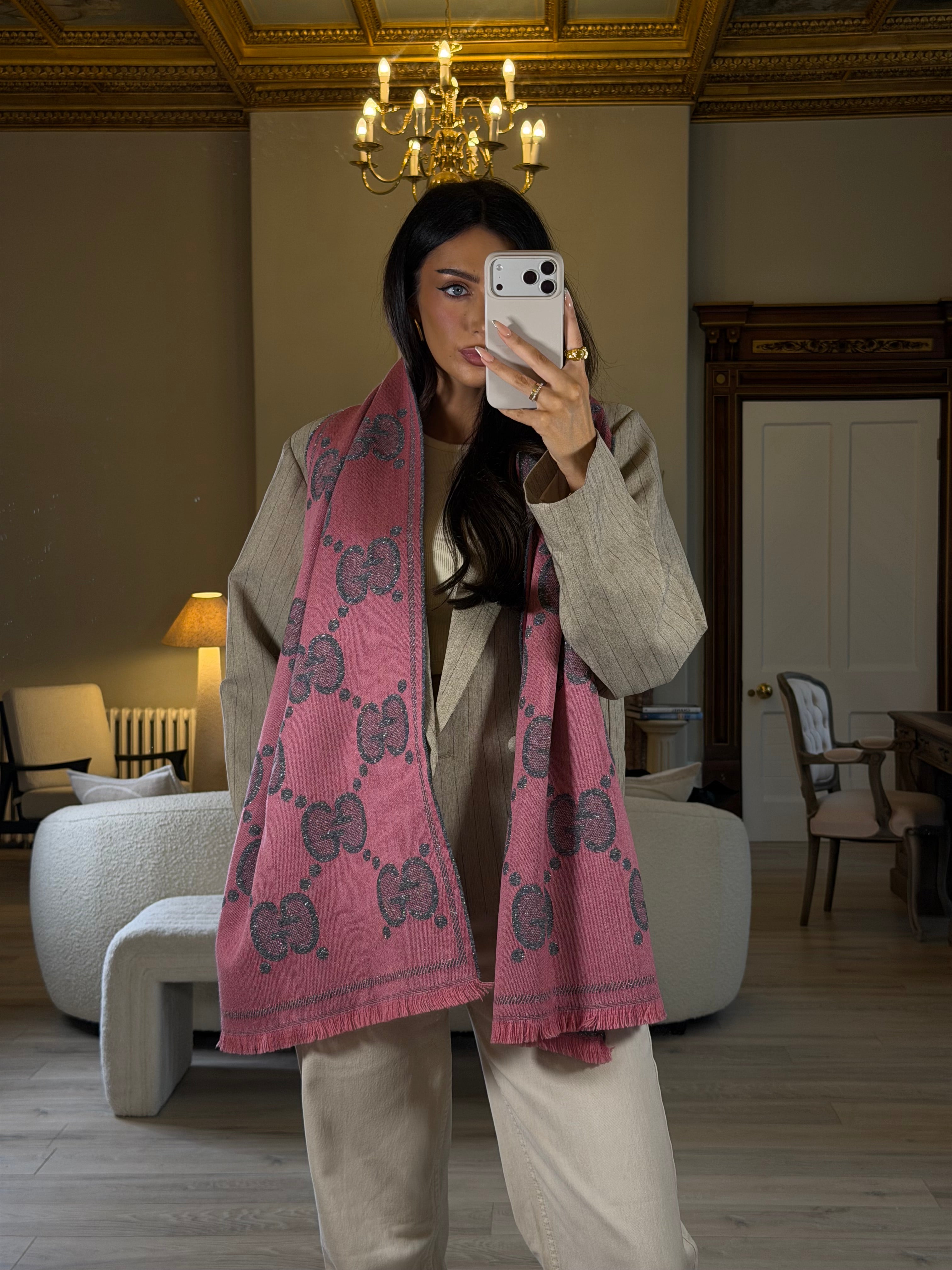 Gucci Lady Nest GG-jacquard Wool-blend Scarf In Pink and Grey. Authentic and preloved. Excellent Condition.