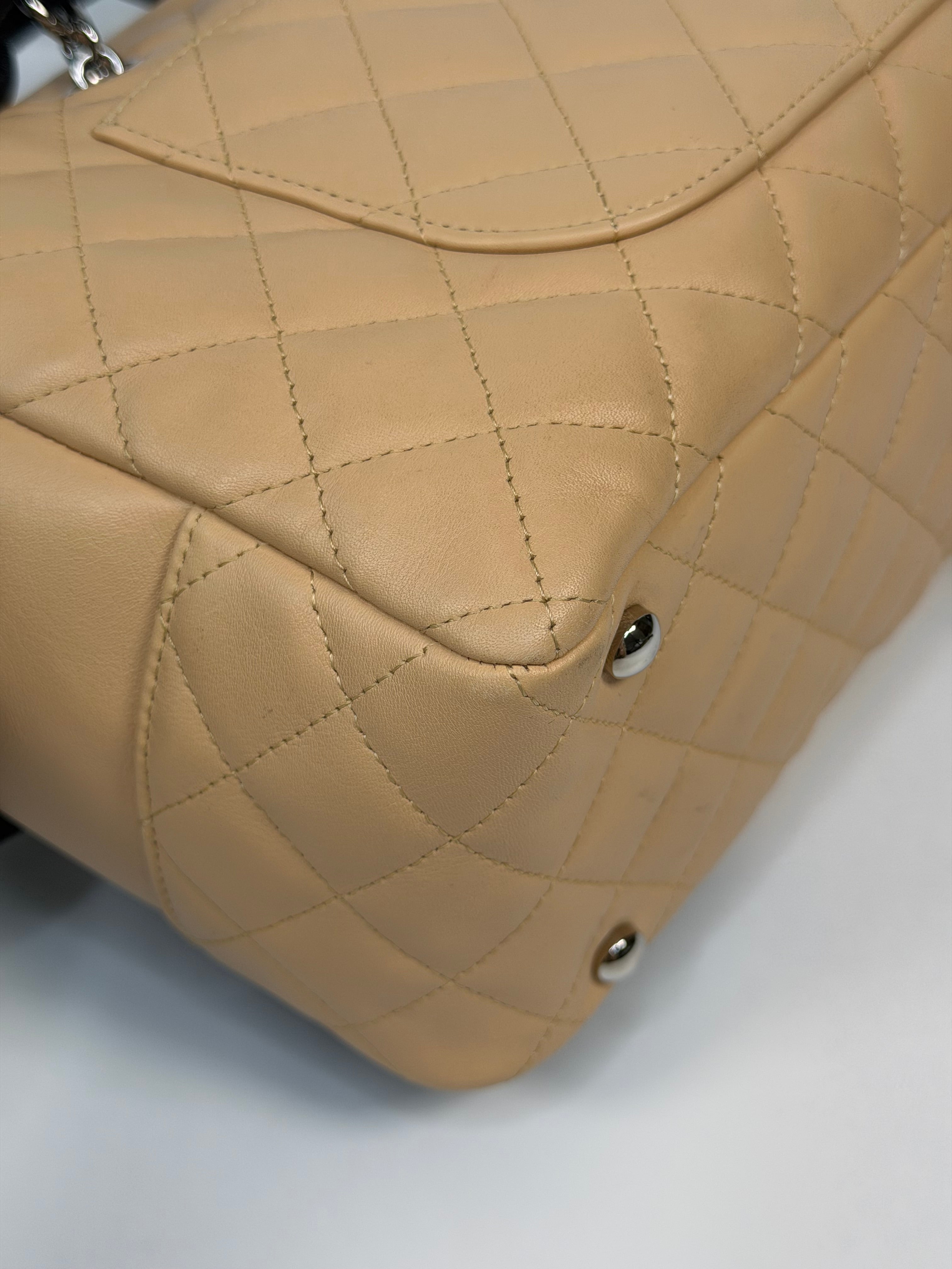 Chanel Cambon Bowling Bag In Beige / Black Leather With Silver Hardware. Authentic and preloved in excellent condition.