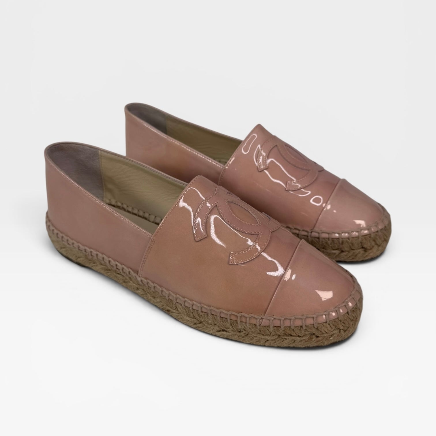 Chanel Espadrilles In Blush Patent Leather (Size 37/ UK4). 100% authentic and preloved in excellent condition