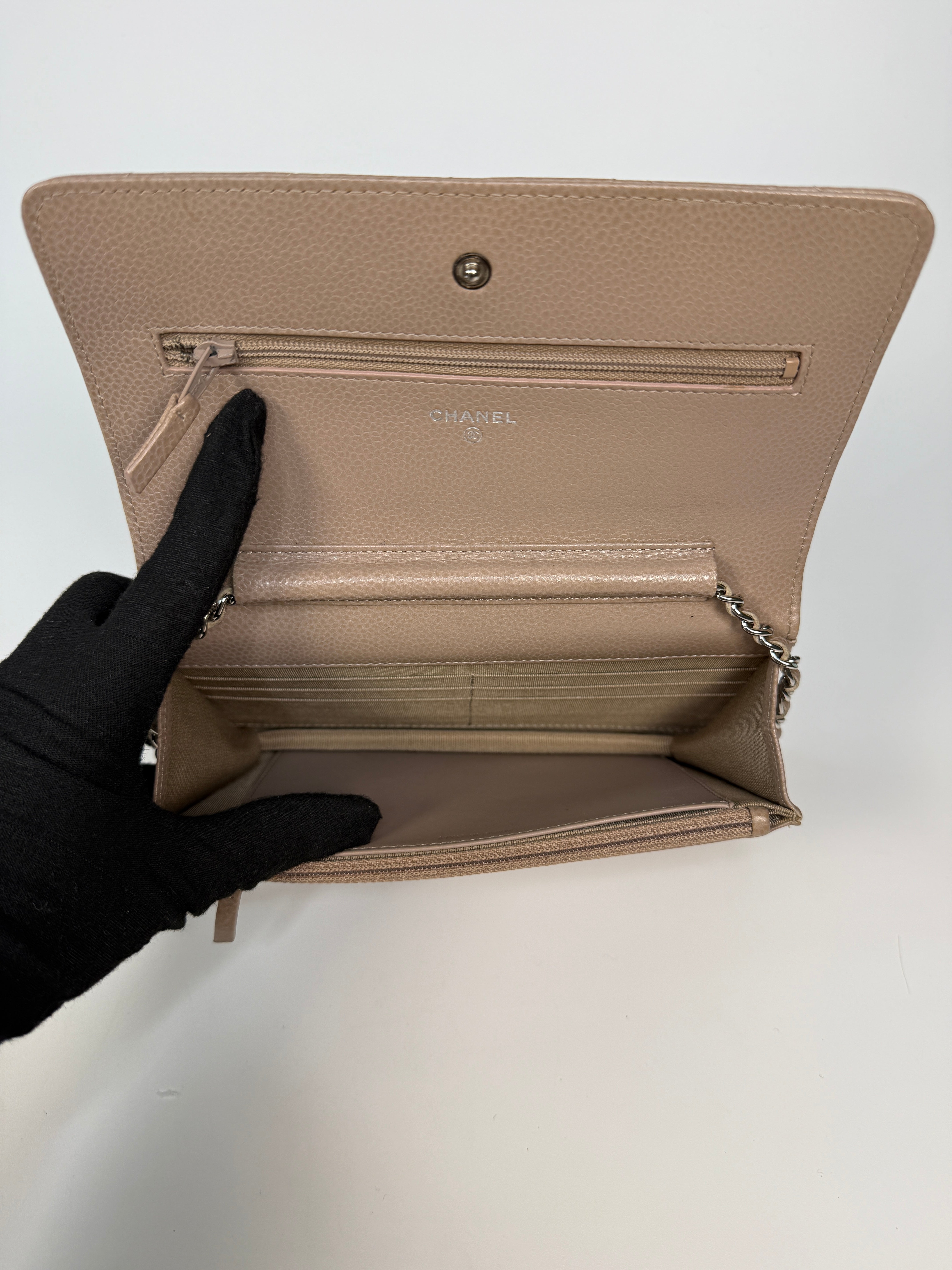 Chanel Wallet On Chain In Taupe Caviar Leather With Gold Hardware
Authentic Pre Loved Verified by Luxe Cheshire Trusted Designer resale