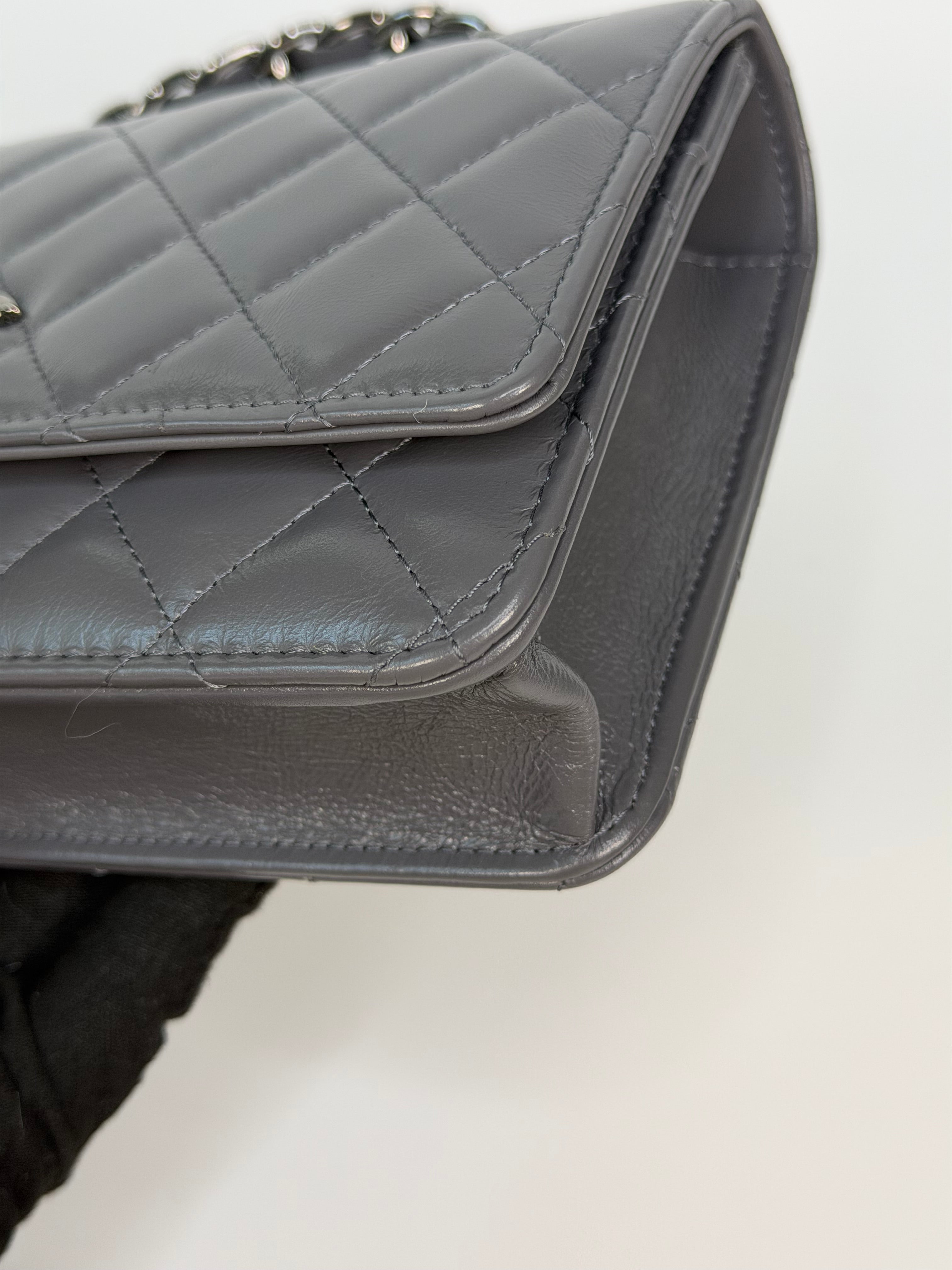 Chanel Wallet On Chain Top Handle In Grey Lambskin With Ruthenium Hardware. Authentic and preloved in excellent condition. 100% guarantee