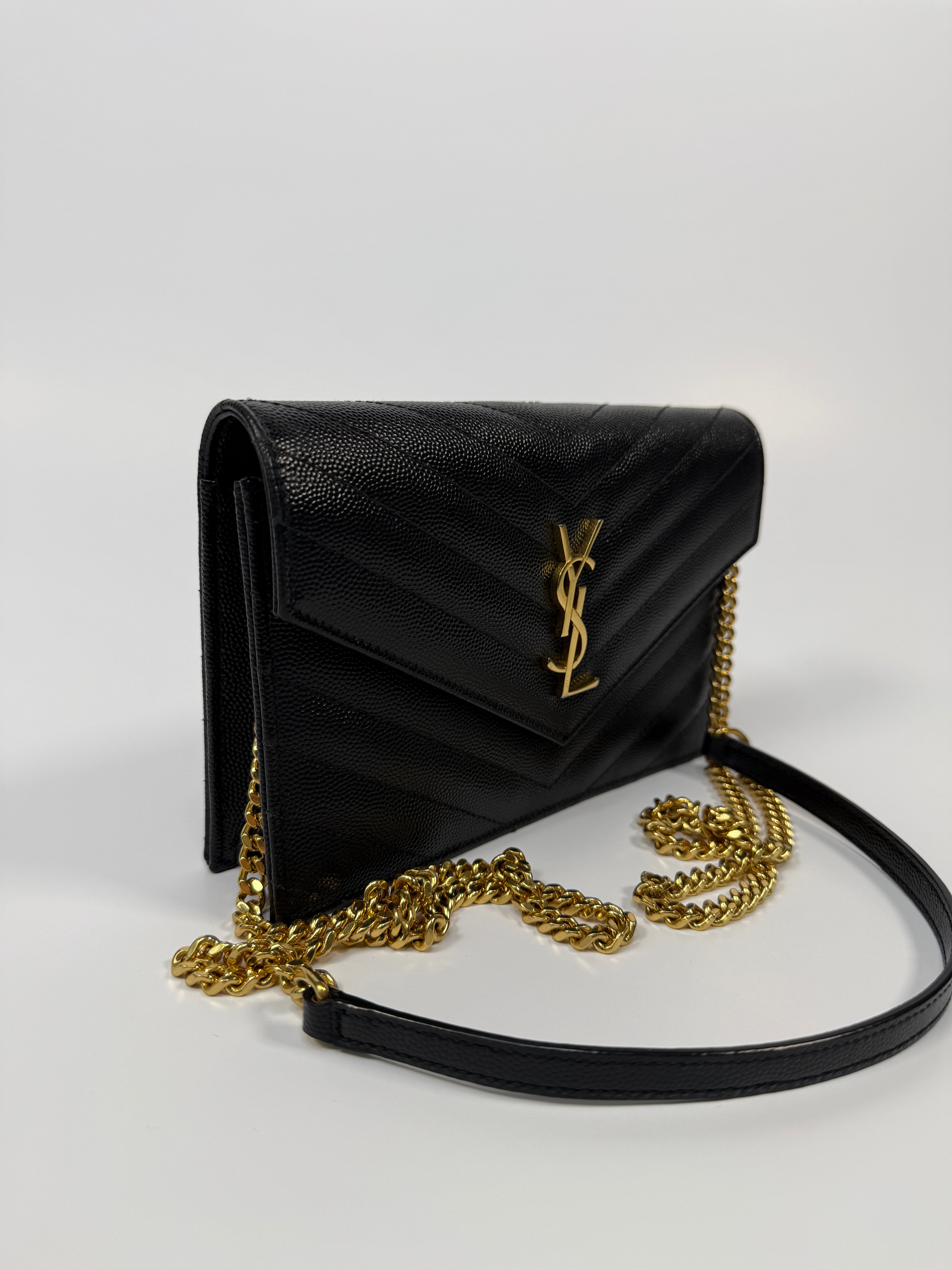 Saint Laurent Cassandre Matelassé Textured- Leather Wallet On Chain