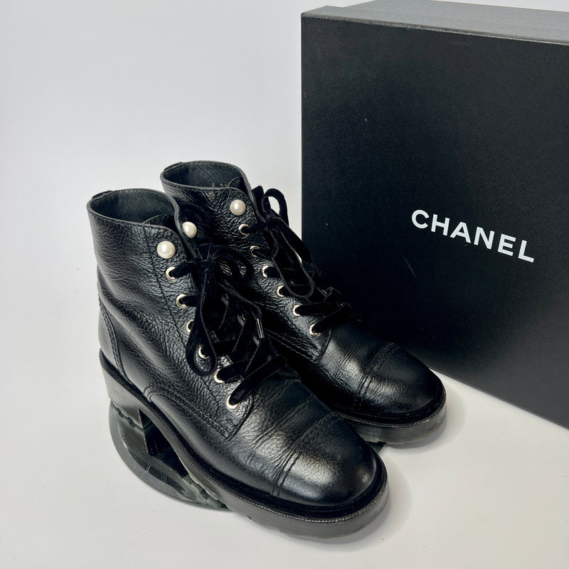 Chanel Black Leather Pearl Boots (Size 39.5 /UK6.5)