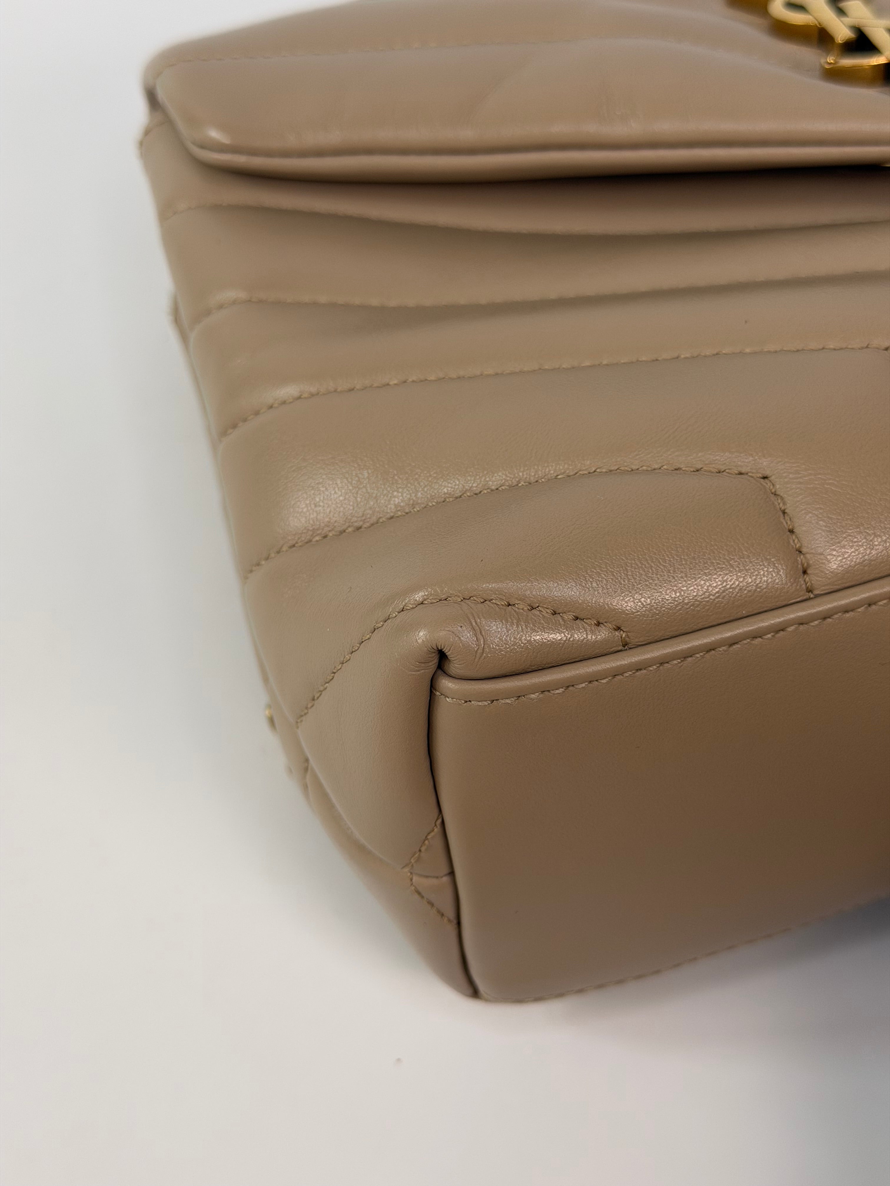Saint Laurent Small Loulou In Dark Beige Leather With Gold Hardware. 100% authentic and preloved in excellent condition