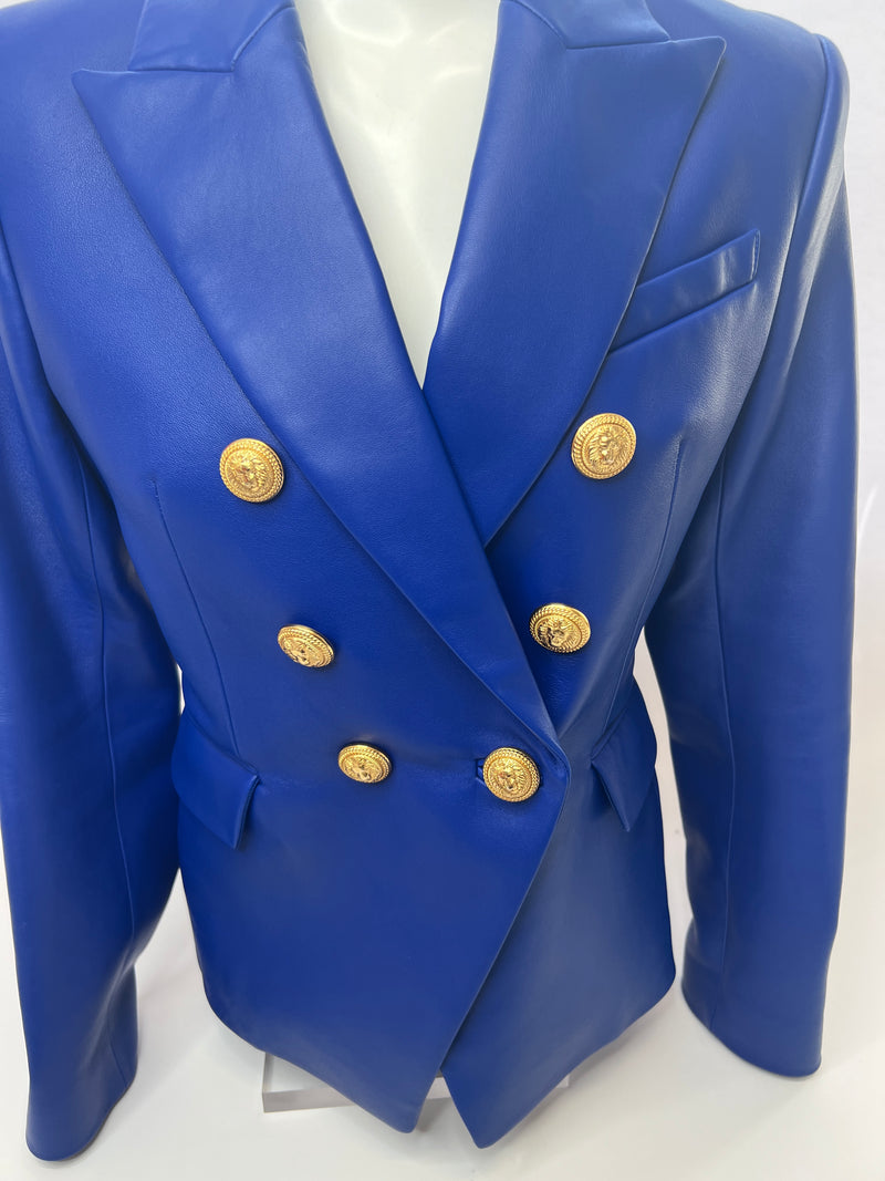 Balmain Blue Leather Double Breasted Blazer (Size FR40/ UK 10)