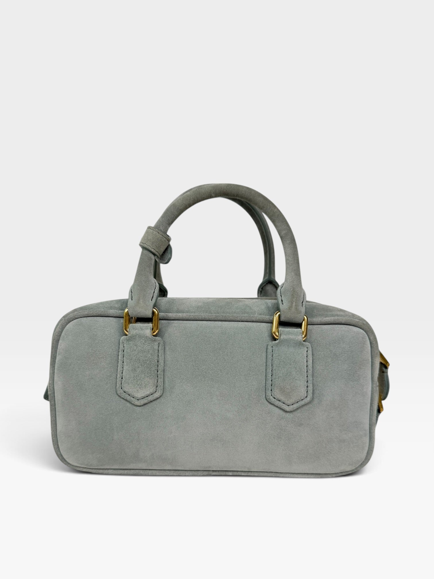 Miu Miu Arcadie Padded Top Handle In Powder Blue Suede Gold Hardware. 100% authentic and preloved in new & unused condition.