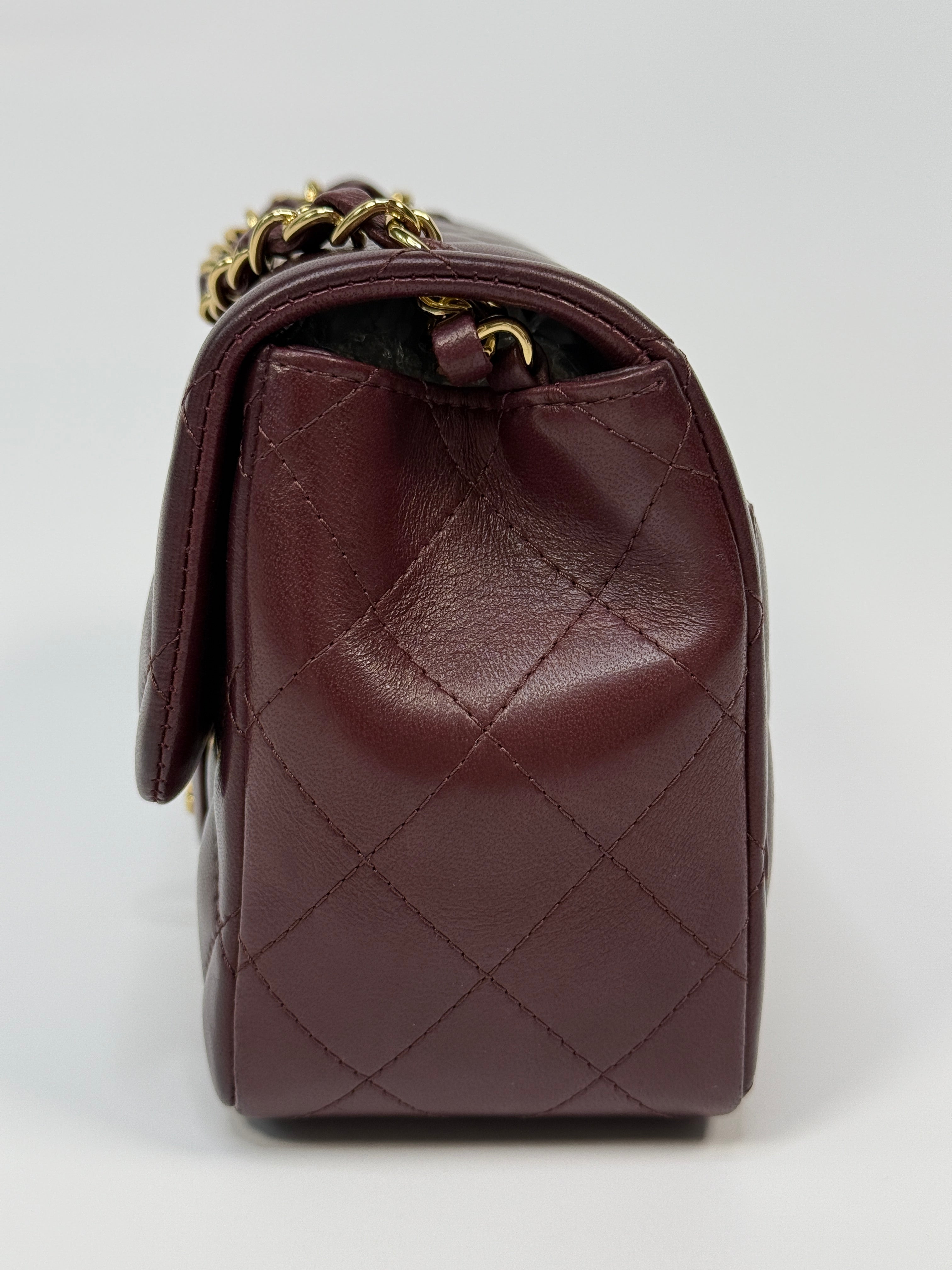 Chanel Mini Square In Burgundy Lambskin Leather With GHW