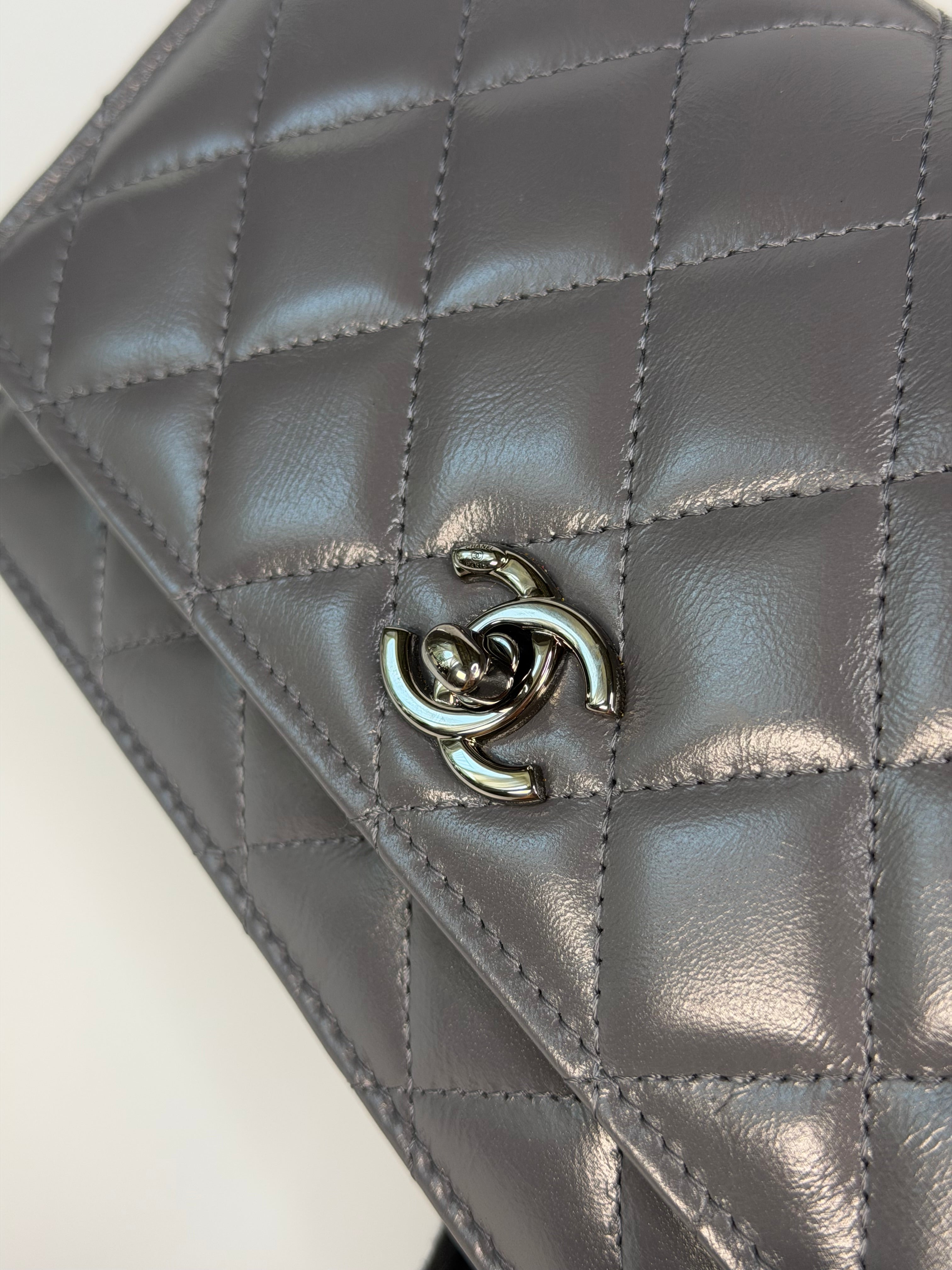 Chanel Wallet On Chain Top Handle In Grey Lambskin With Ruthenium Hardware. Authentic and preloved in excellent condition. 100% guarantee
