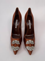 Monolo Blahnik  Hangisi 90 Brown satin pumps (Size 39/UK6)