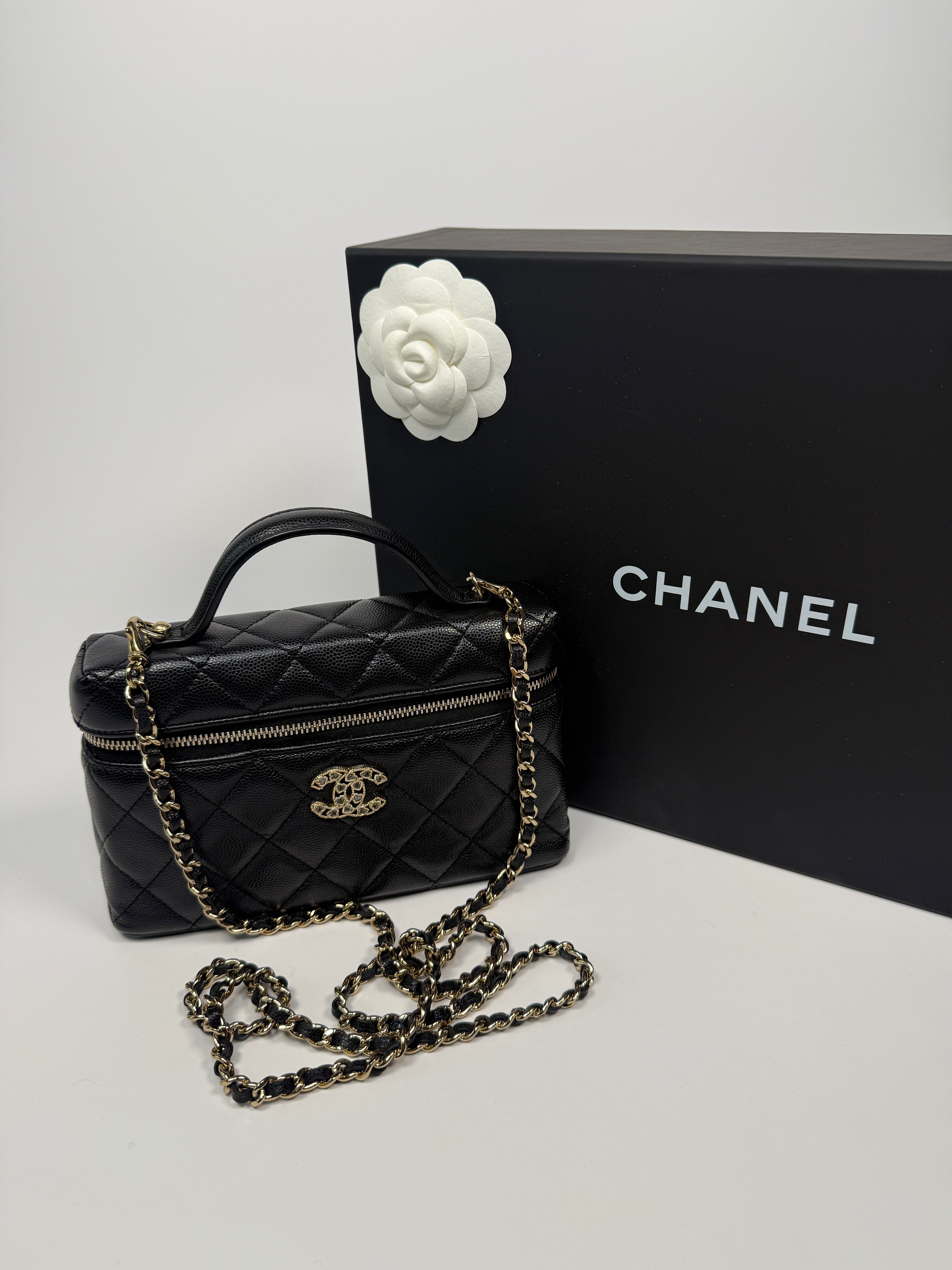 Chanel Flat Vanity In Black Caviar Leather With Gold Hardware Authentic and preloved in excellent condition. 