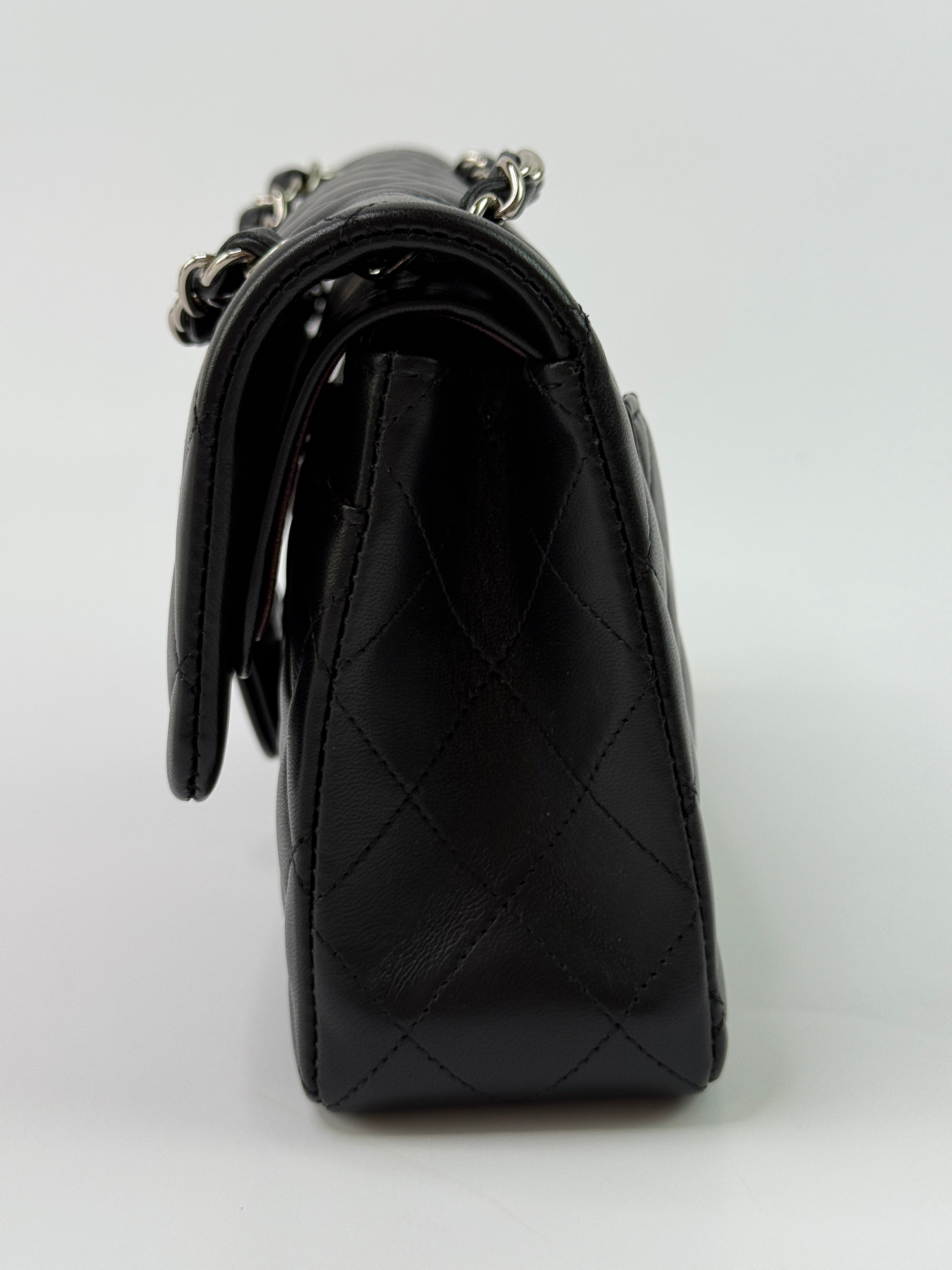 Chanel Small Classic Double Flap In Black Lambskin Leather With Silver Hardware
Pre Loved & Authentic 