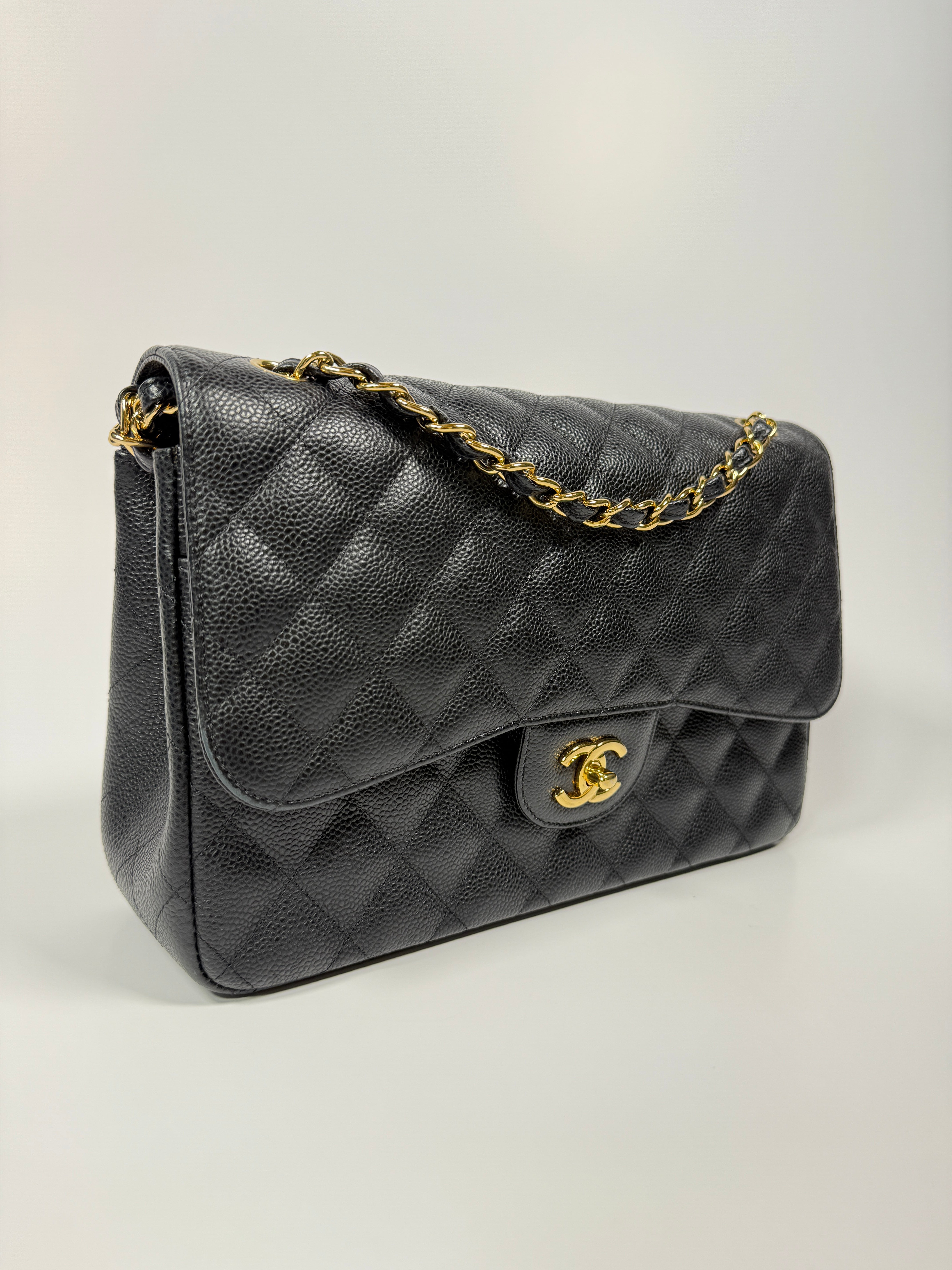 Chanel Classic Jumbo Flap Bag In Black Caviar Leather With GHW