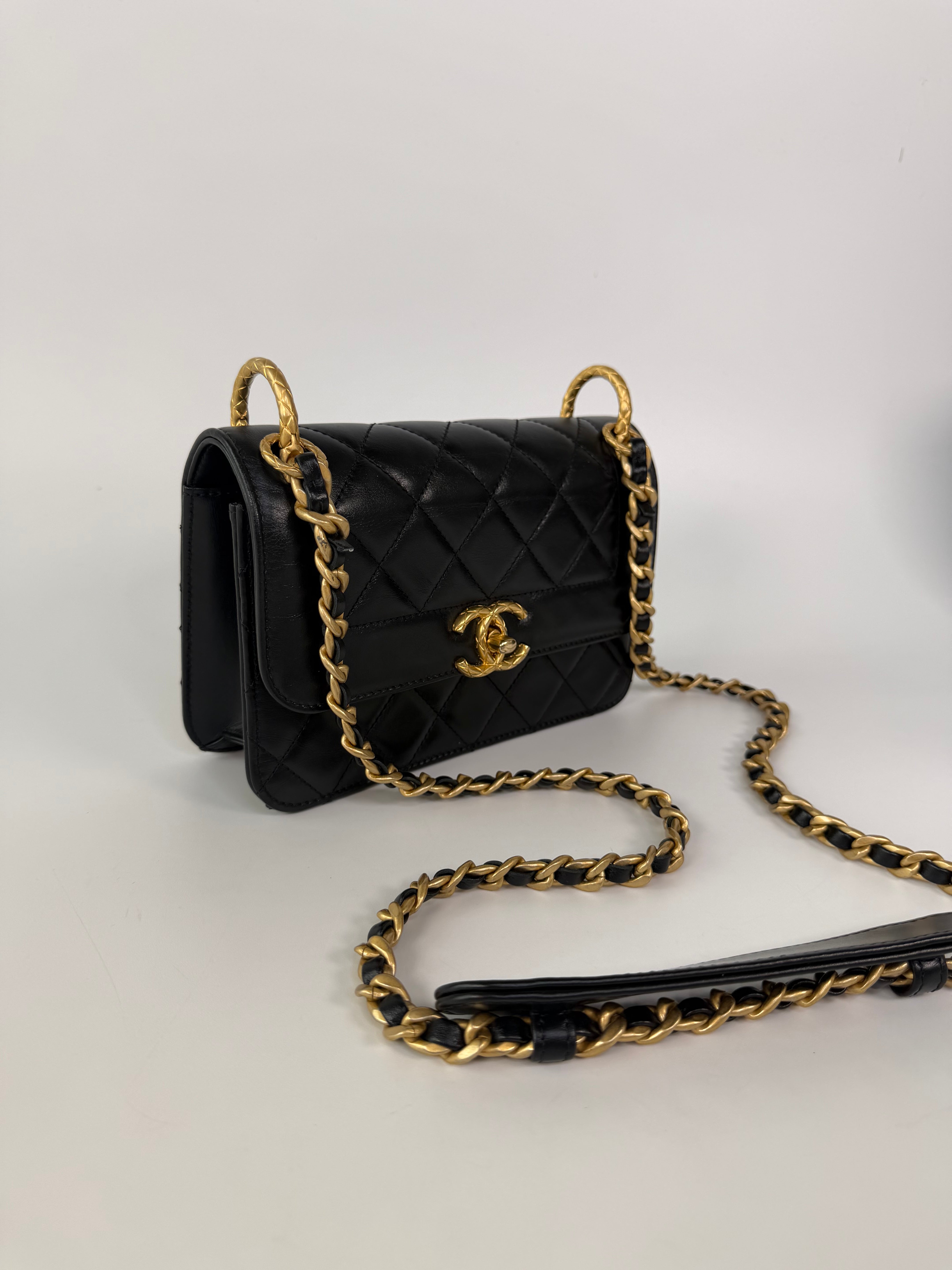 Chanel Mini Perfect Fit Flap In Black Lambskin With Antique Gold Hardware 100% authentic and preloved in excellent condition