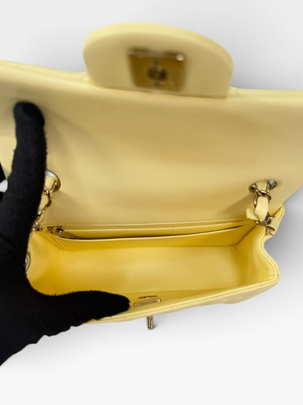 Chanel Mini Rectangle In Yellow Lambskin Leather With Gold Hardware. 100% authentic and preloved in excellent condition
