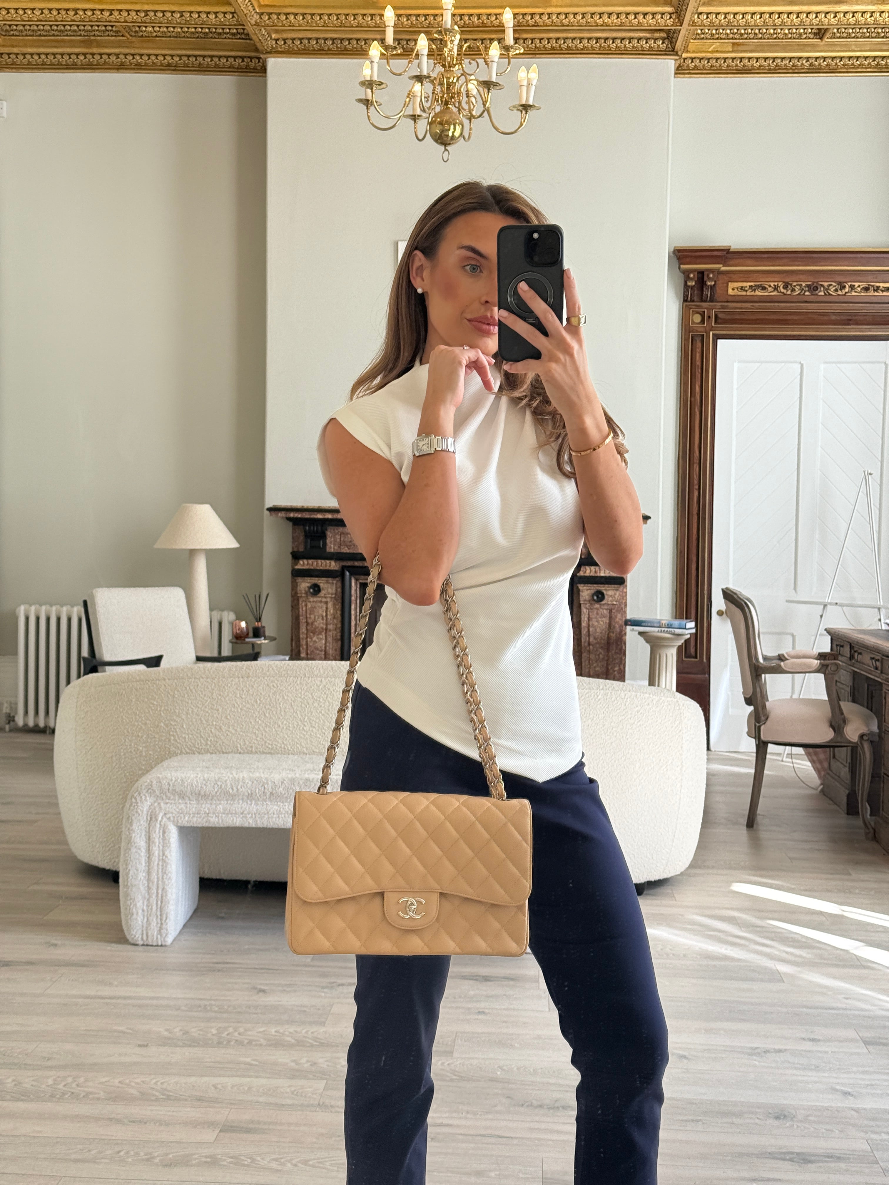 Authentic and preloved Chanel Jumbo Classic Flap Bag In Beige Caviar Leather With Silver Hardware. 100% Authenticity guarantee. Verified by Luxe Cheshire. Fully Insured next day delivery 