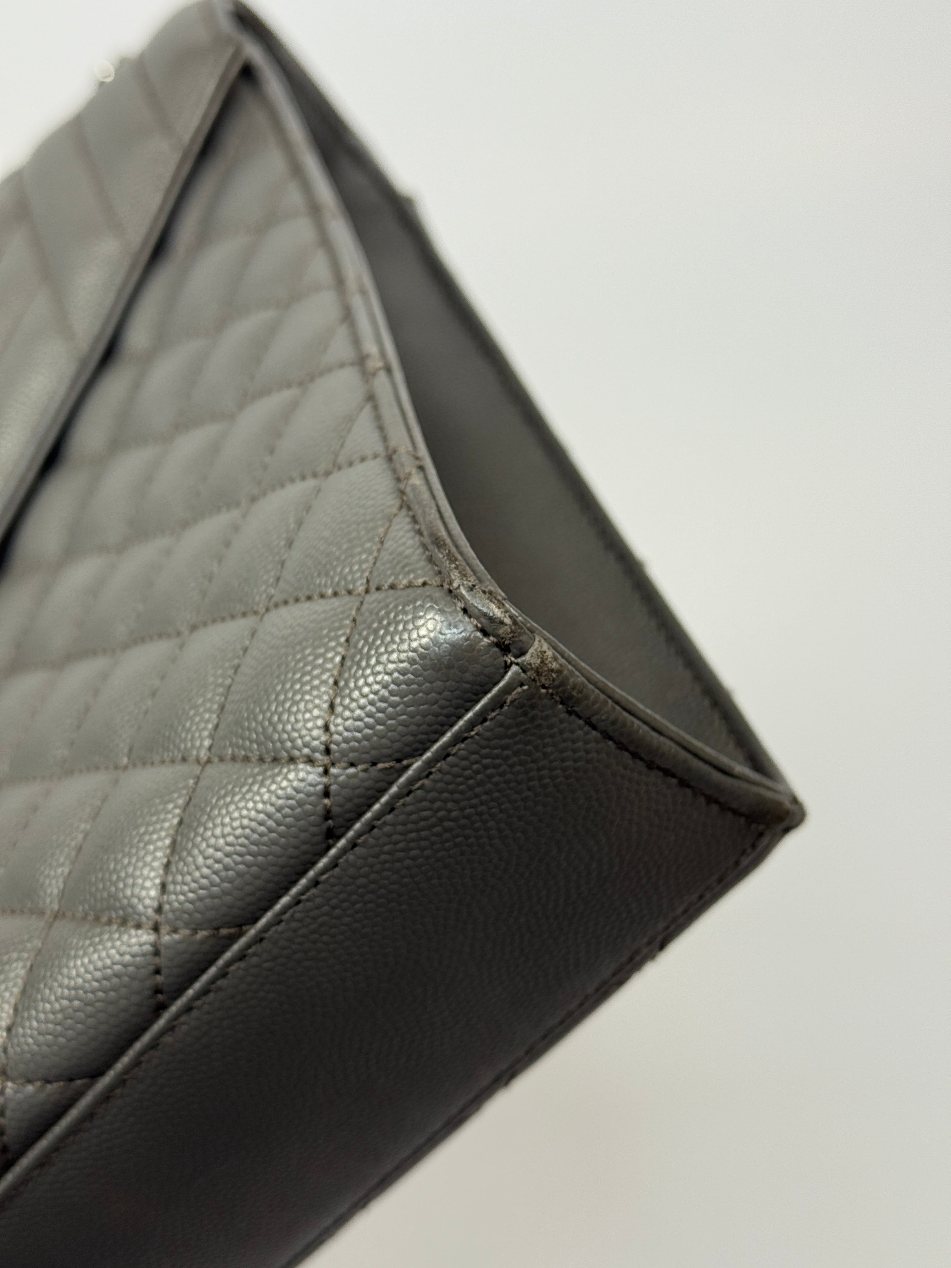 Saint Laurent Large Envelope Shoulder Bag In Grey Grained Leather With Silver Hardware. Excellent condition. Authentic and preloved. 