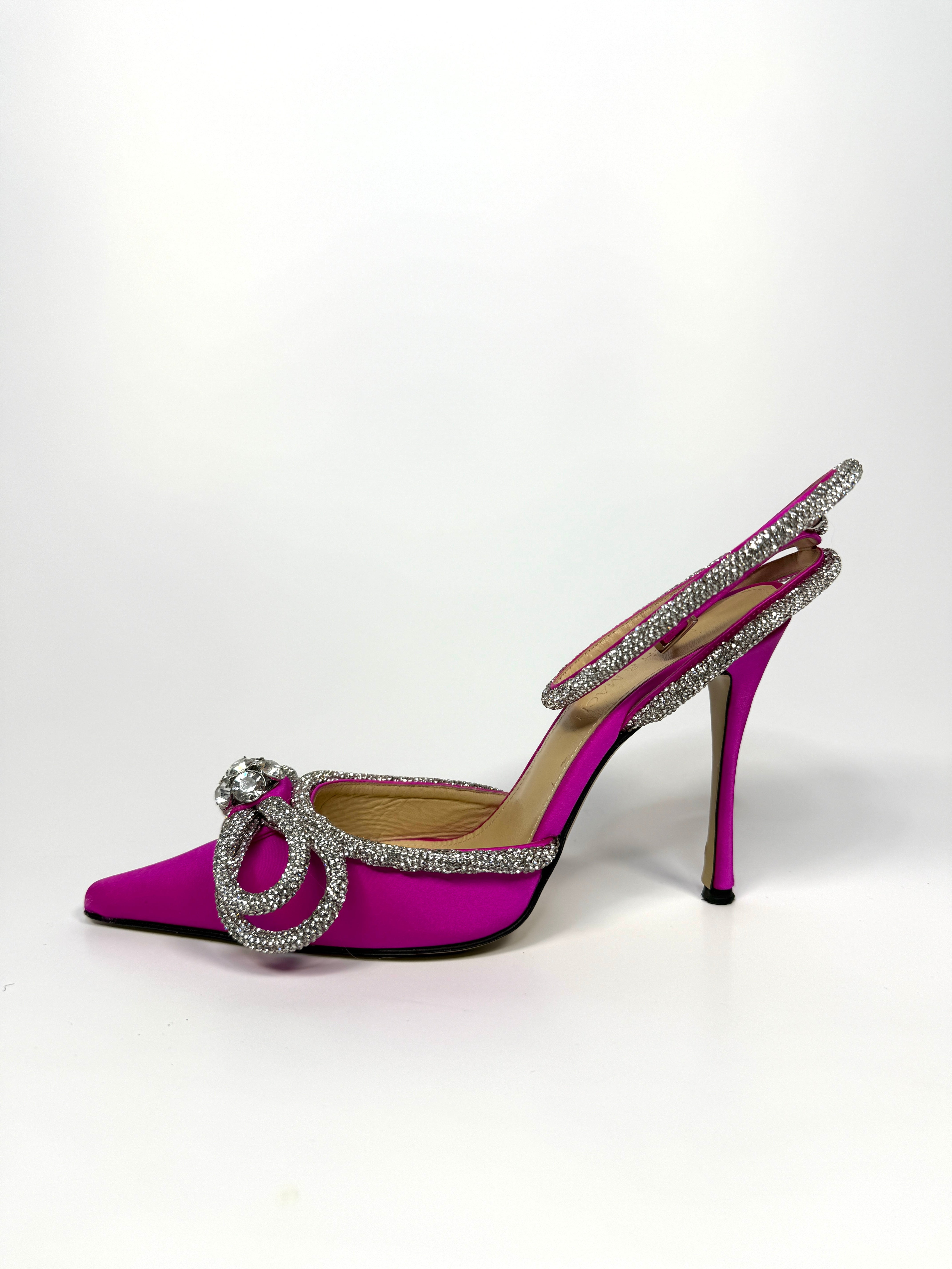 Mach & Mach Bow Crystal-Embellished Pink Satin Heeled Sandals (Size 37/UK5) Very Good Condition. Authentic and pre loved. 