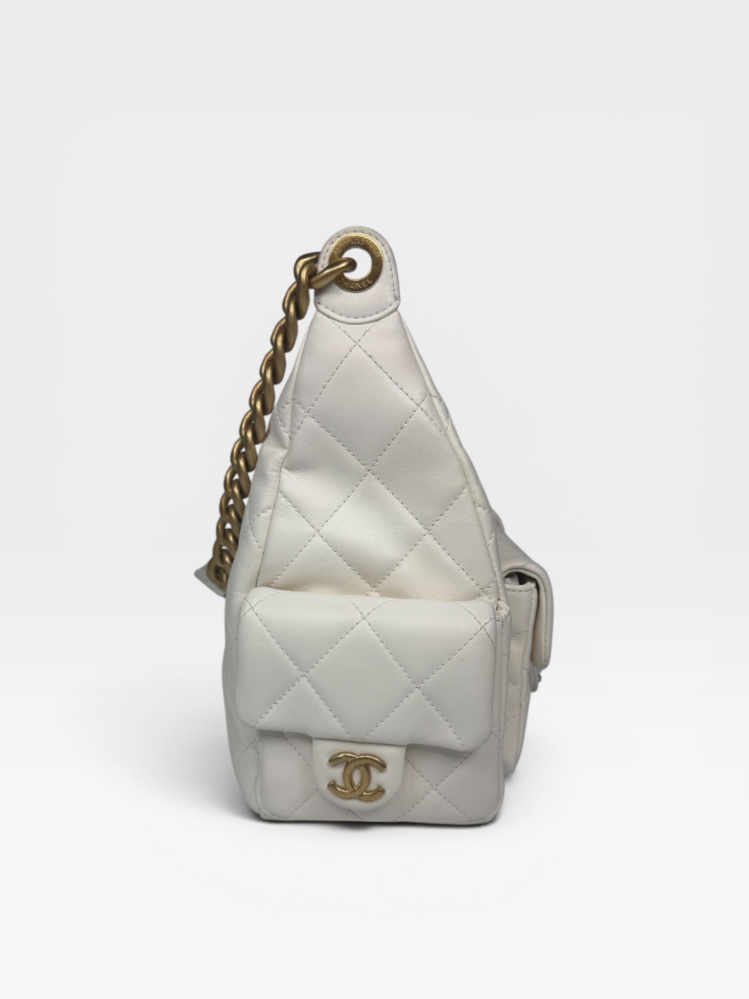 Chanel Quilted Pockets Bag In White Lambskin Leather With Gold Hardware
