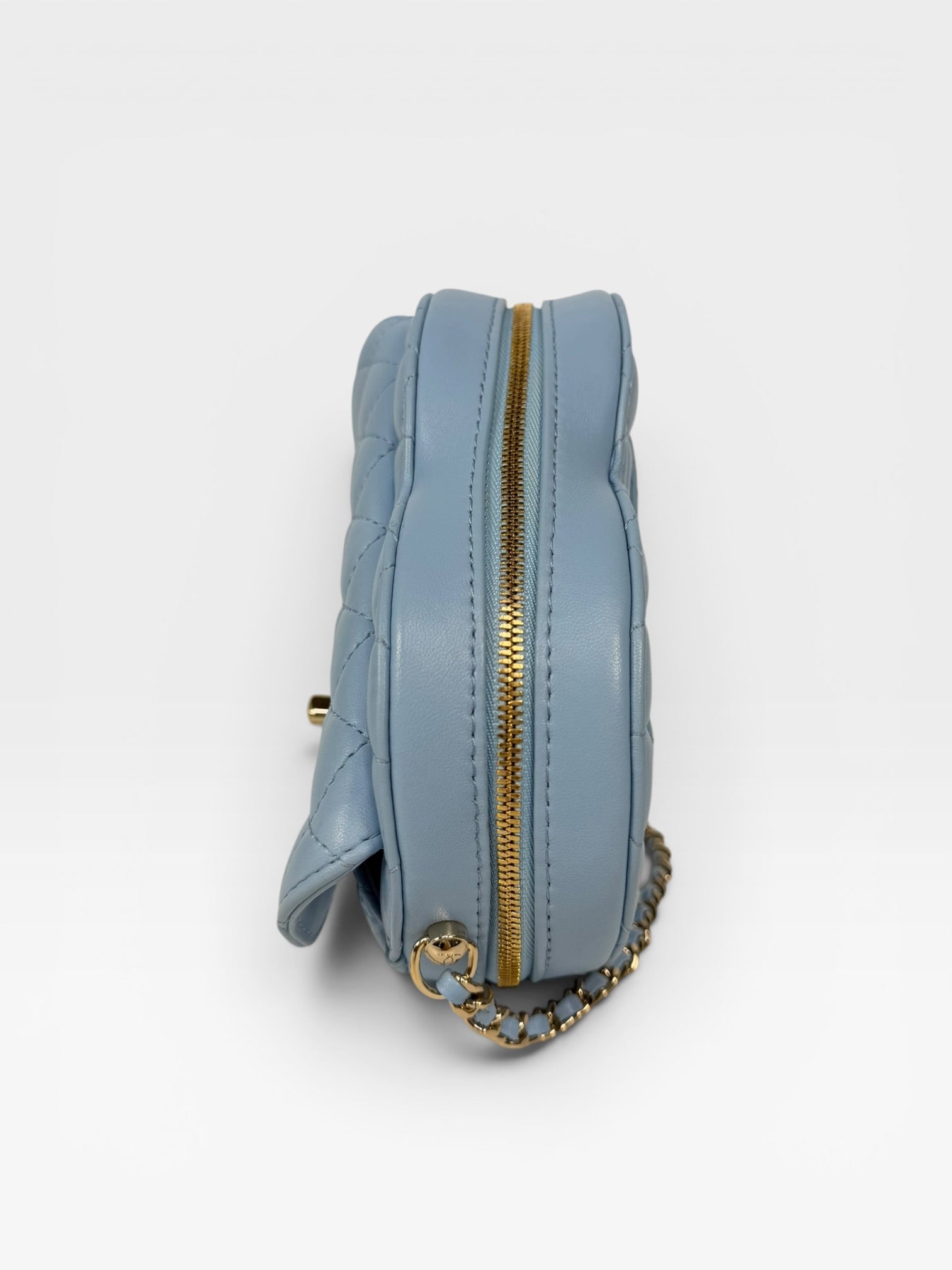 Chanel Heart Bag Large In Blue Lambskin Leather With Pale Gold Hardware. 100% authentic and preloved in excellent condition