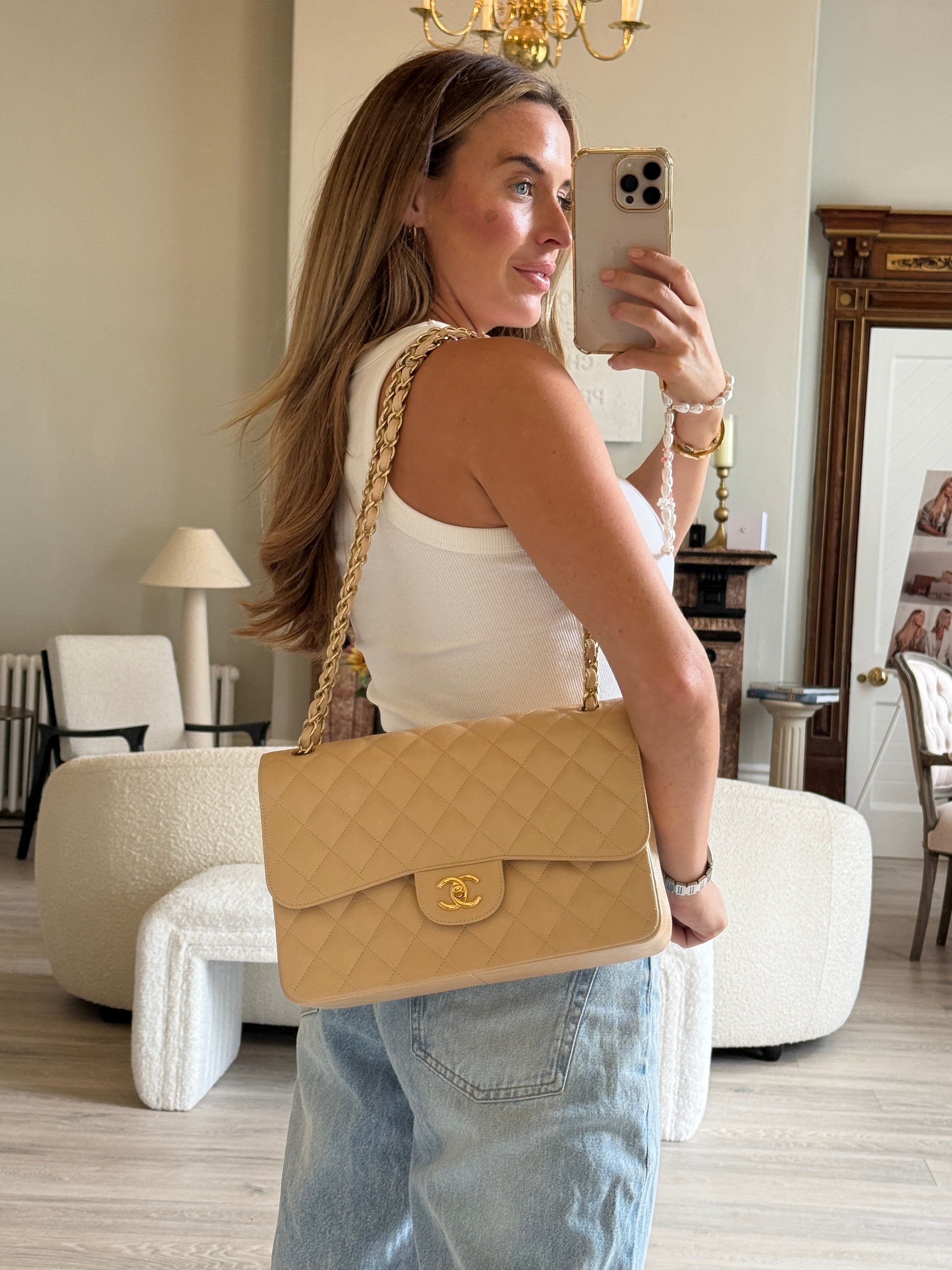 Chanel Jumbo Classic Double Flap In Beige Caviar Leather with GHW