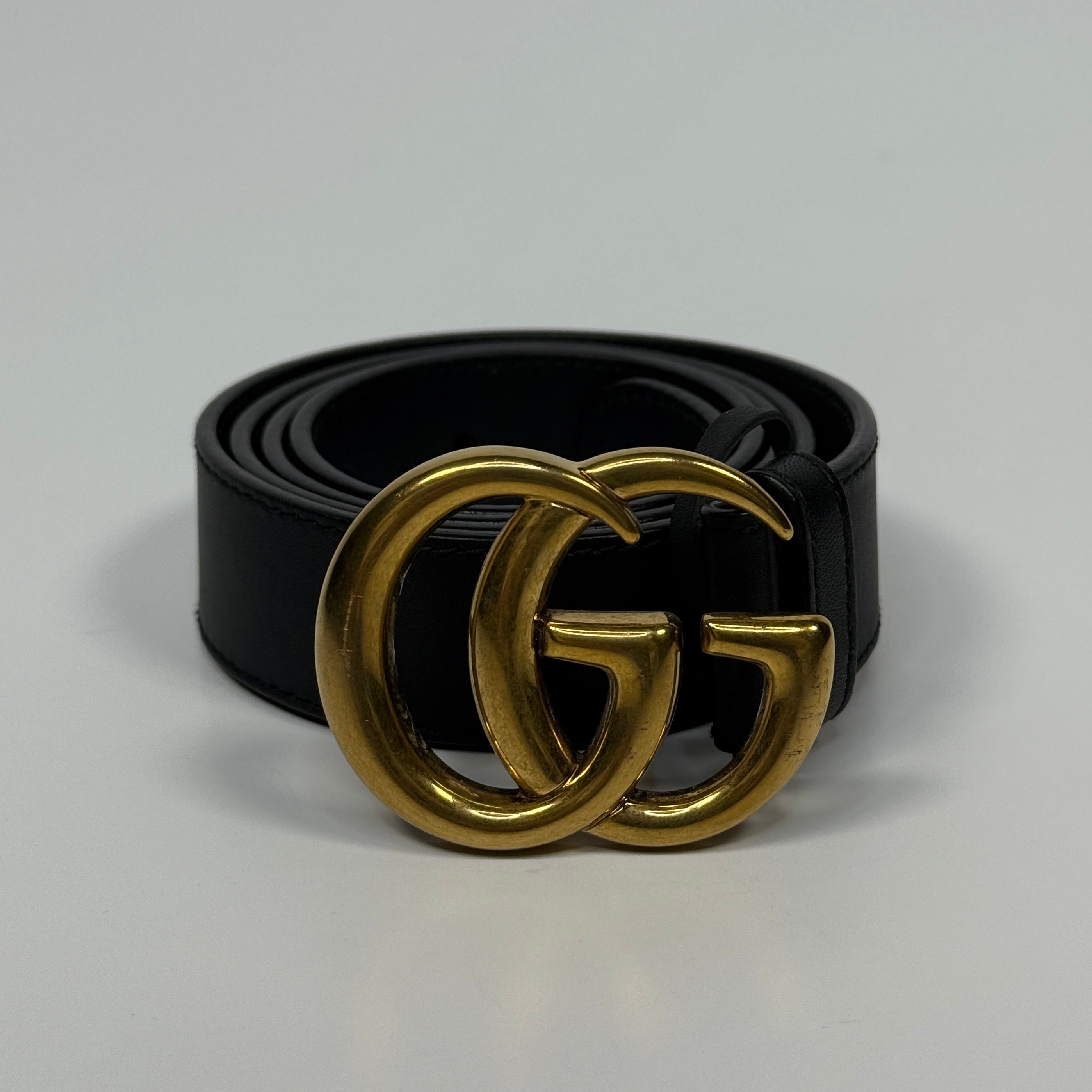 Gucci GG Marmont Wide Belt In Black Leather With Gold GG Buckle. Authentic and preloved in Excellent condition. Insured next day delivery. Verified by Luxe Cheshire. 