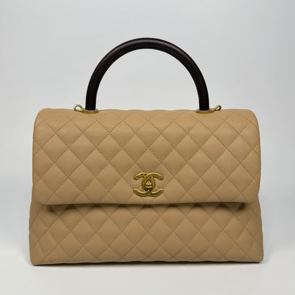 Chanel Coco Large Top Handle In Beige Caviar Leather With GHW