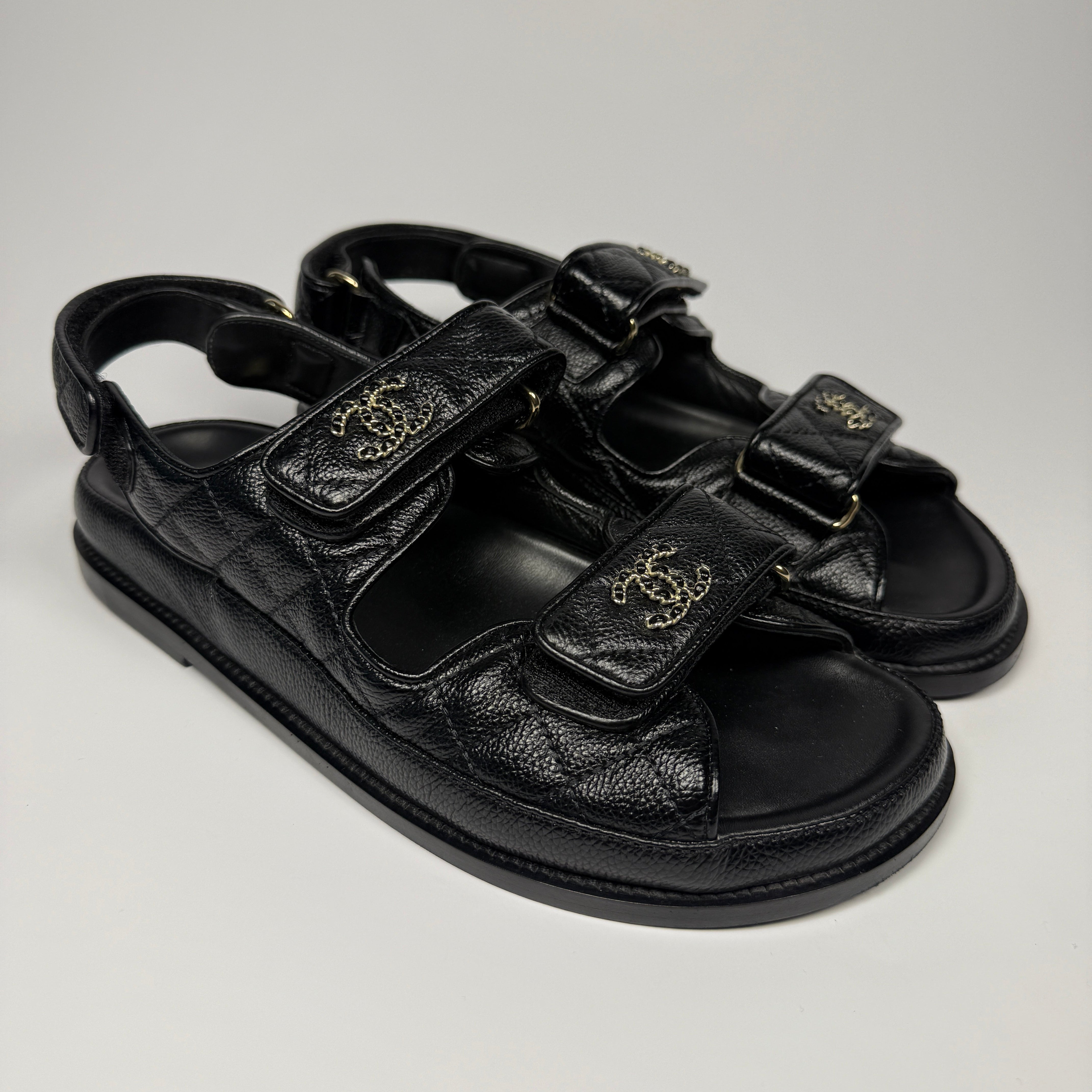 Chanel Black Leather Dad Sandals (Size 38.5/UK5.5) 100% Authentic and preloved. Excellent condition
