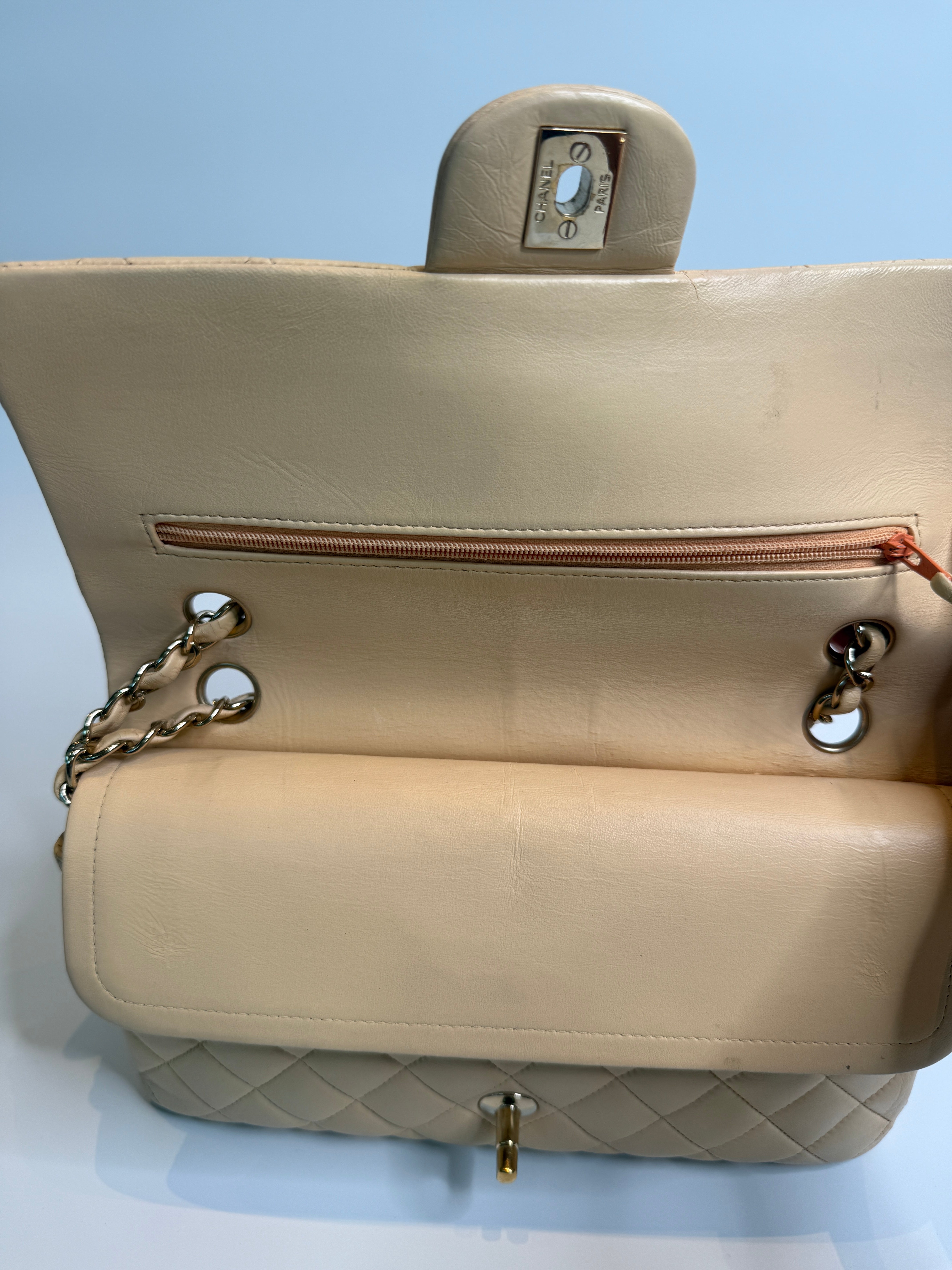 Chanel Medium Classic Double Flap Beige Lambskin Leather With Gold Hardware
Pre Loved & Authentic 