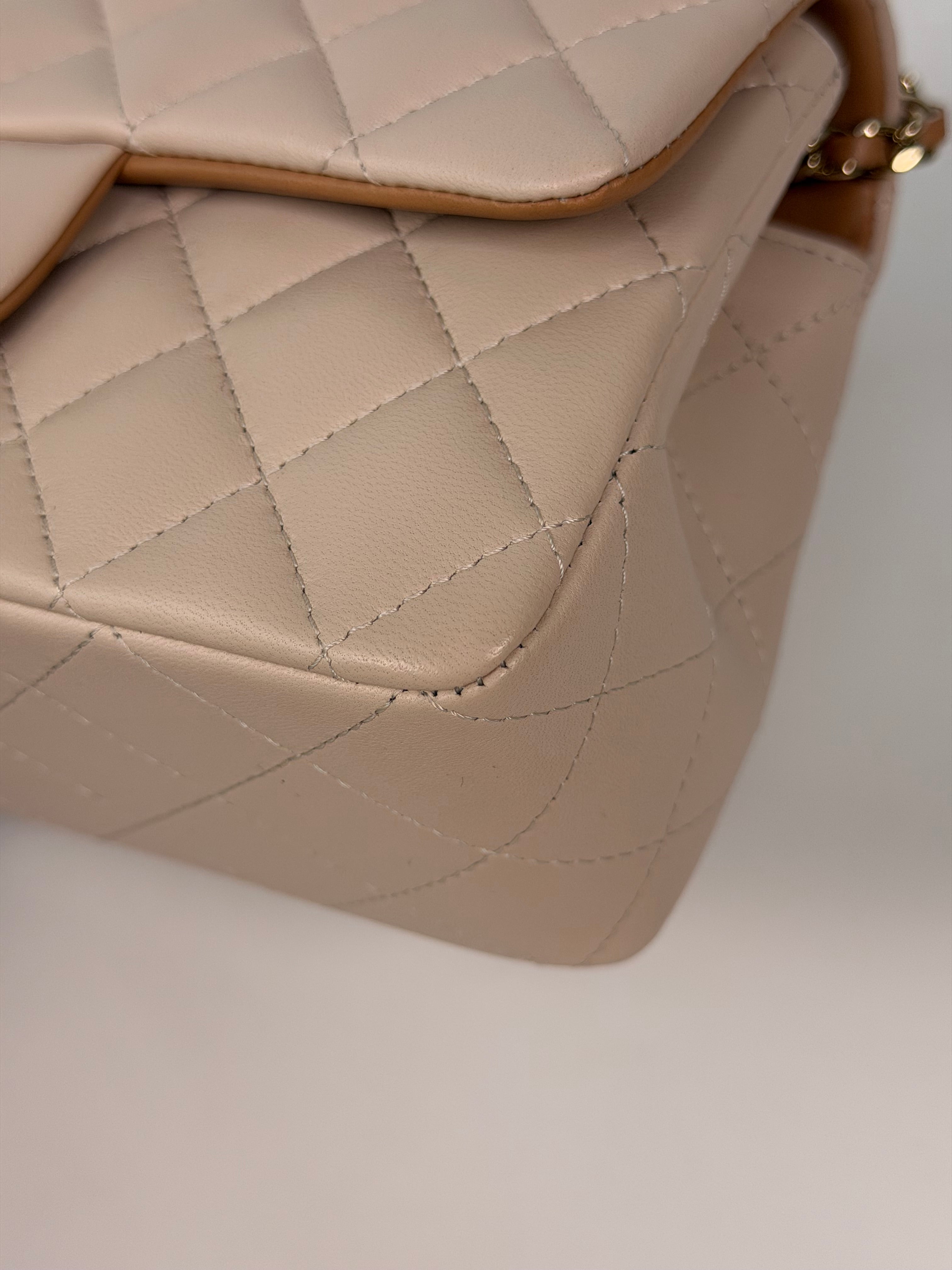 Chanel Mini Rectangle Top Handle In Light Beige Lambskin Leather With Pale Gold Hardware