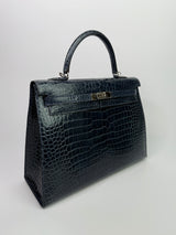 Hermès Kelly 35 In Bleu Crocodile Porosus Lisse With PHW
