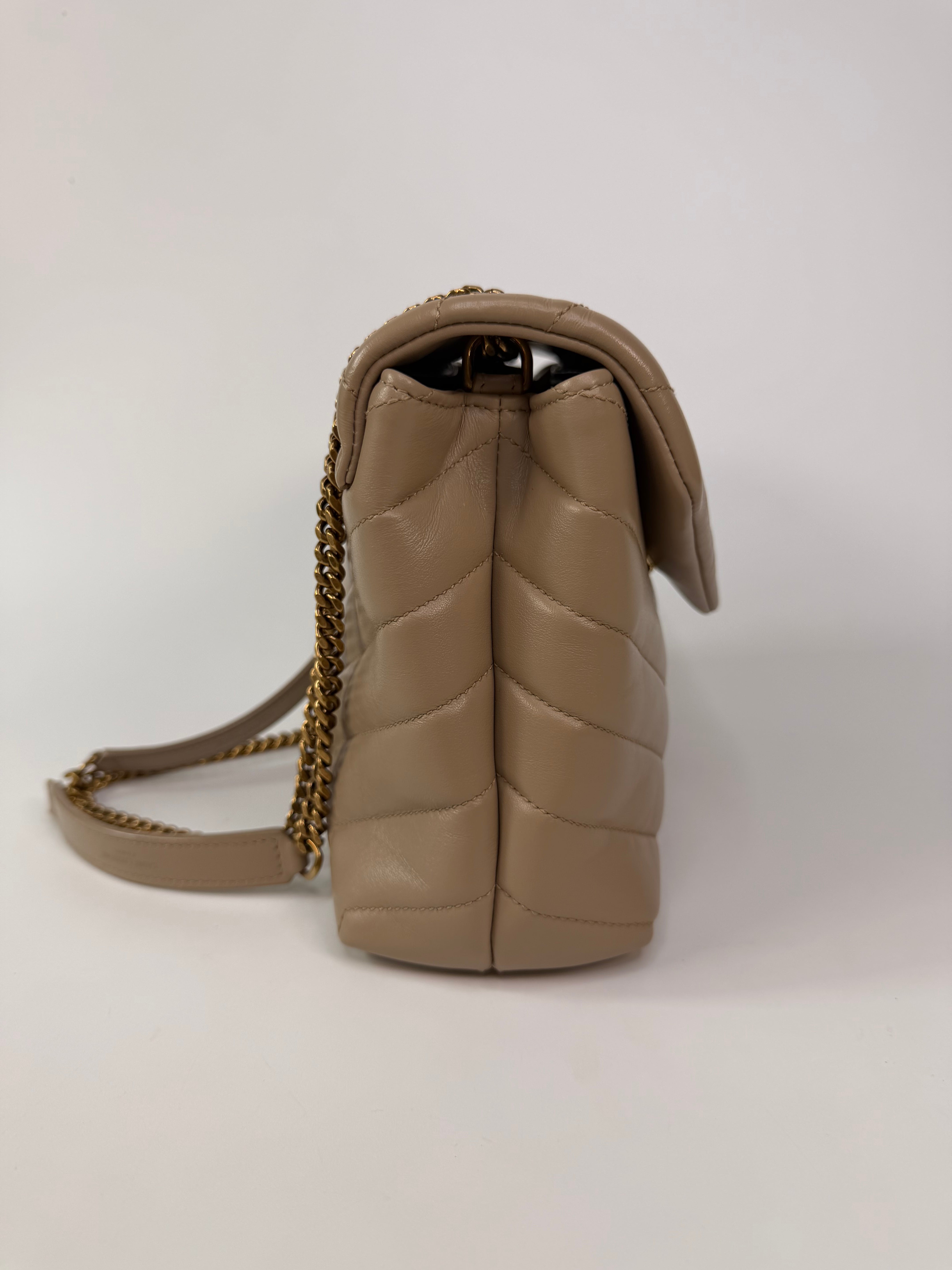 Saint Laurent Small Loulou In Dark Beige Leather With Gold Hardware. 100% authentic and preloved in excellent condition