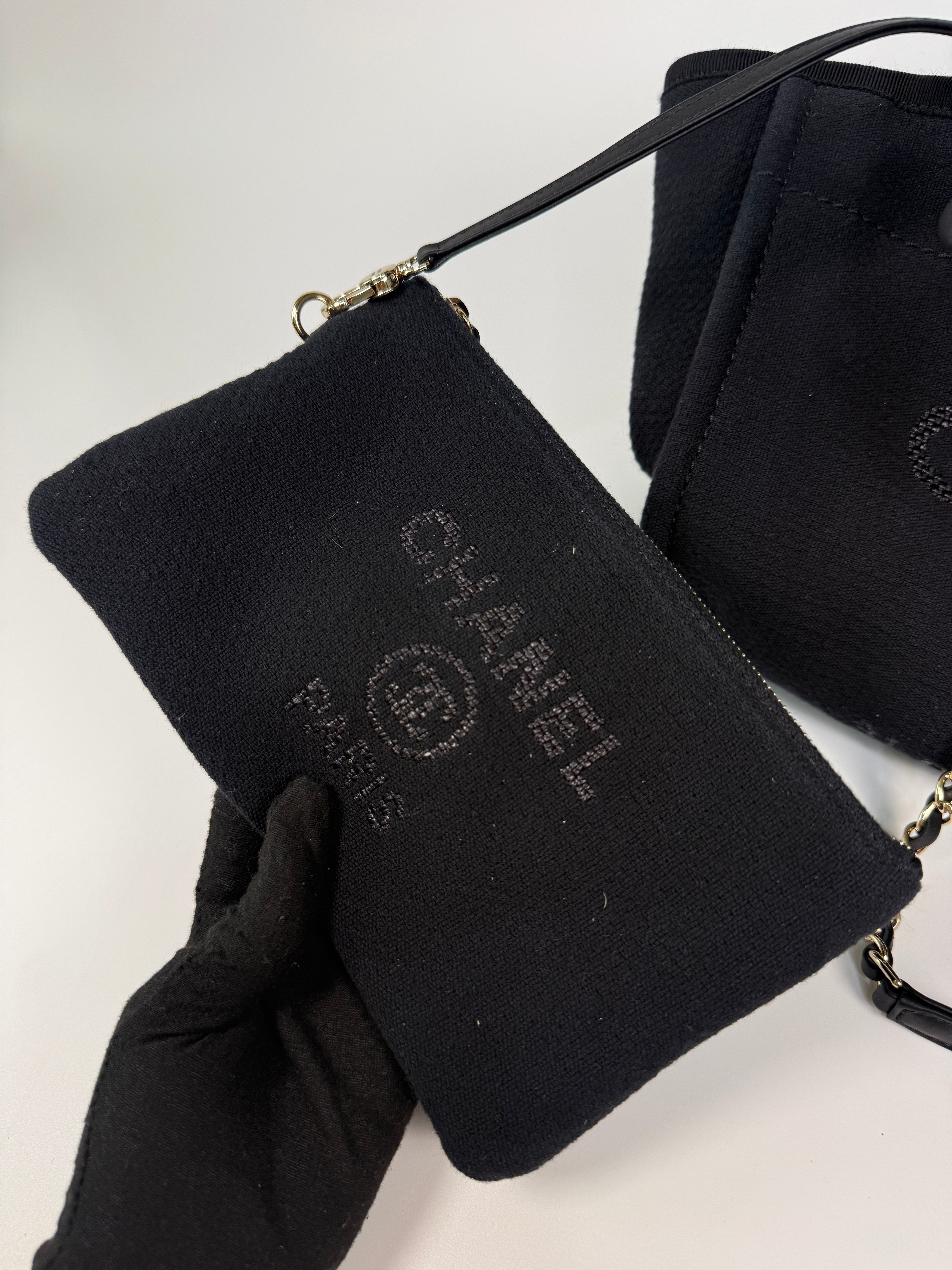 Chanel Small Deauville Tote Bag In Black With Pale Gold Hardware 