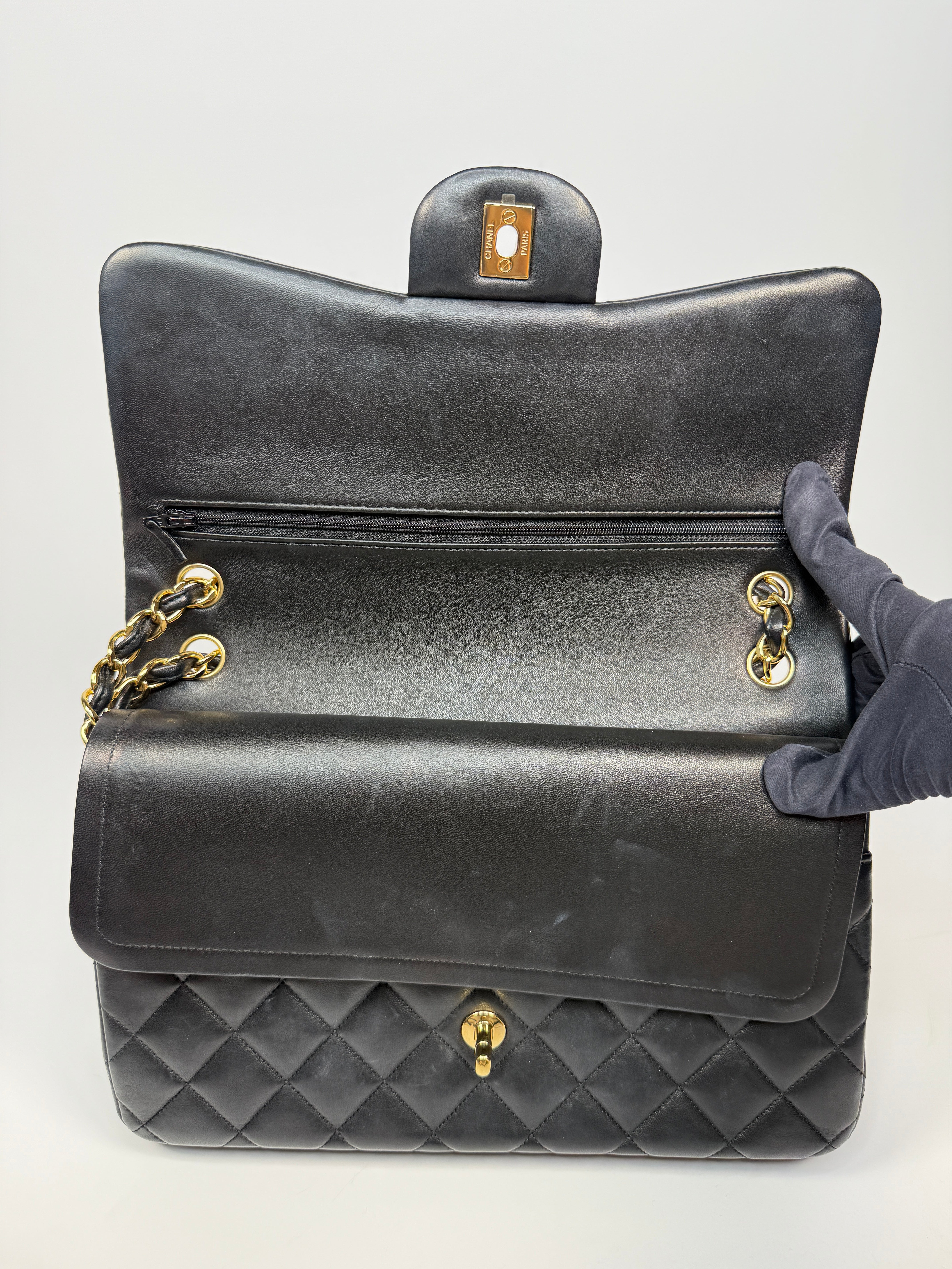 Chanel Jumbo Classic Flap Bag In Black Lambskin Leather With Gold Hardware
Pre Loved & Authentic