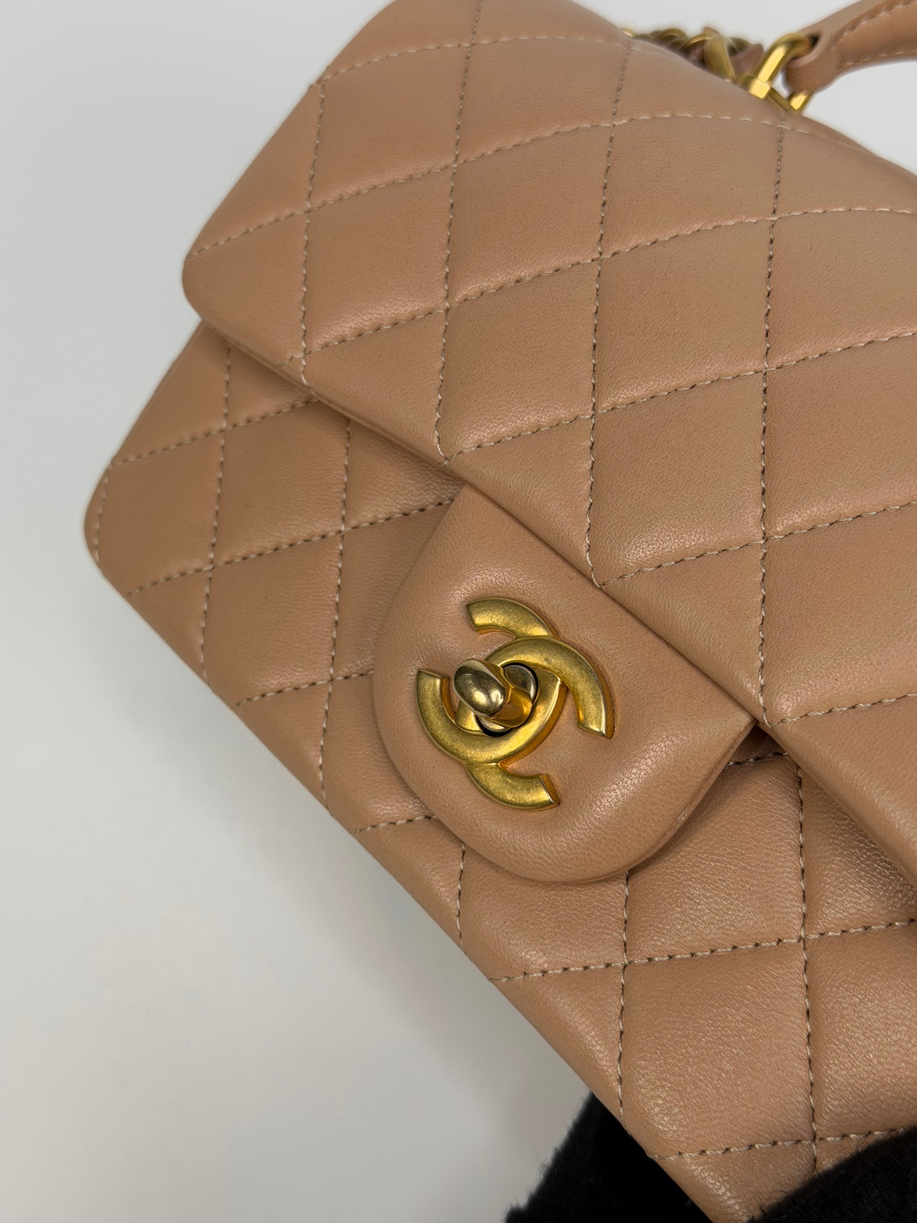 Chanel Mini Rectangle Top Handle In Beige Lambskin Leather Gold Hardware